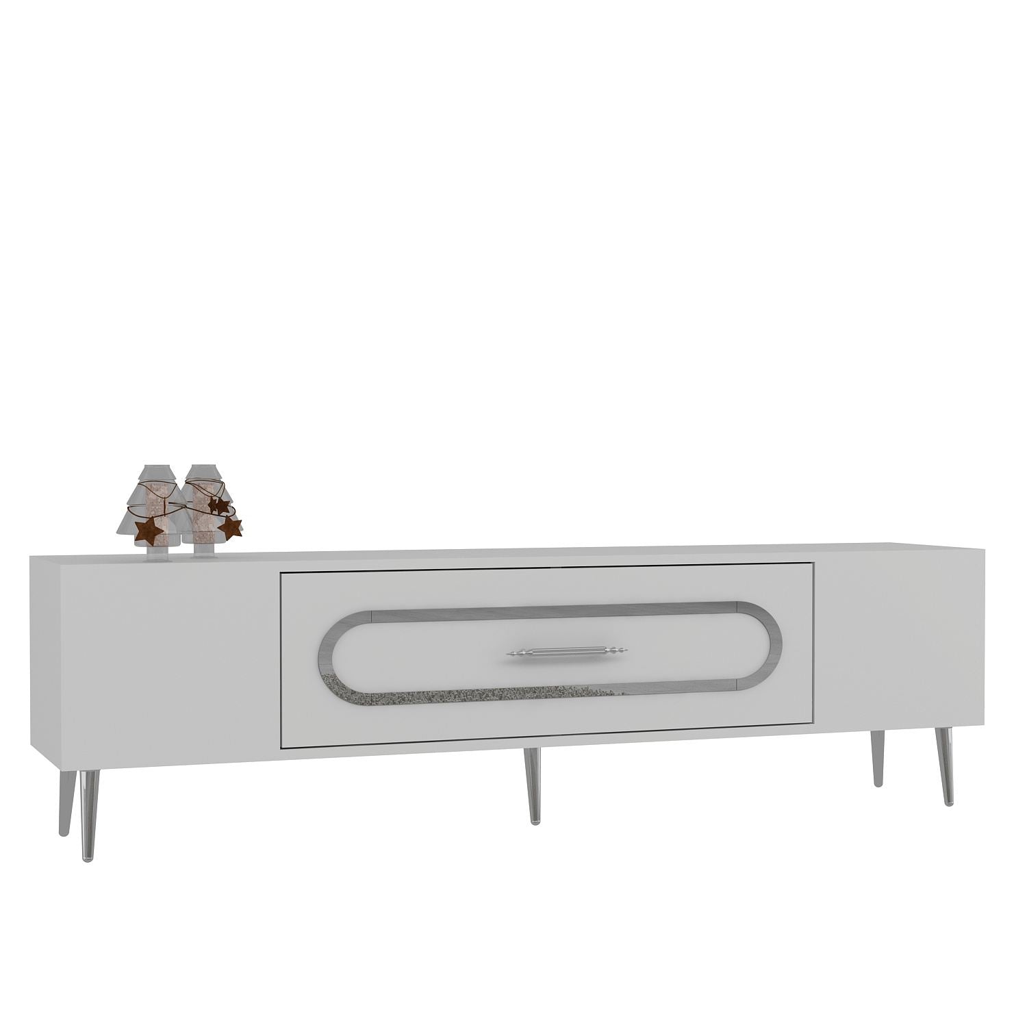 Móvel de TV – 150 cm x 48,2 cm x 29,6 cm – Branco e Prata – Painel de partículas revestido a melamina