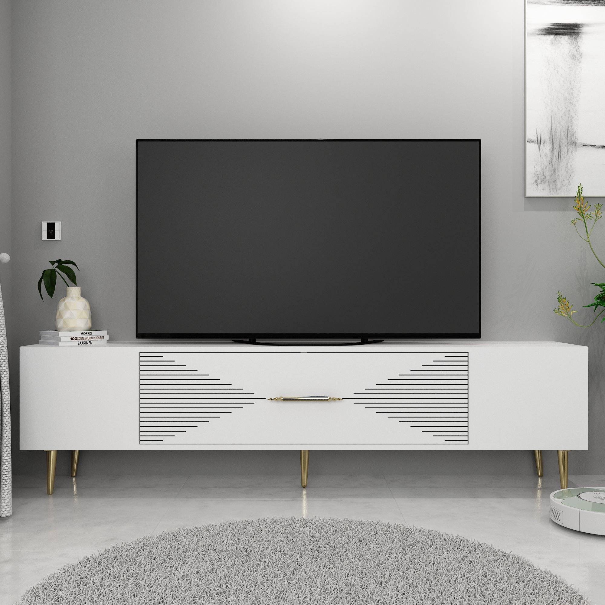 Móvel de TV – 150 cm x 48,2 cm x 29,6 cm – Branco e Dourado – Painel de partículas revestido a melamina
