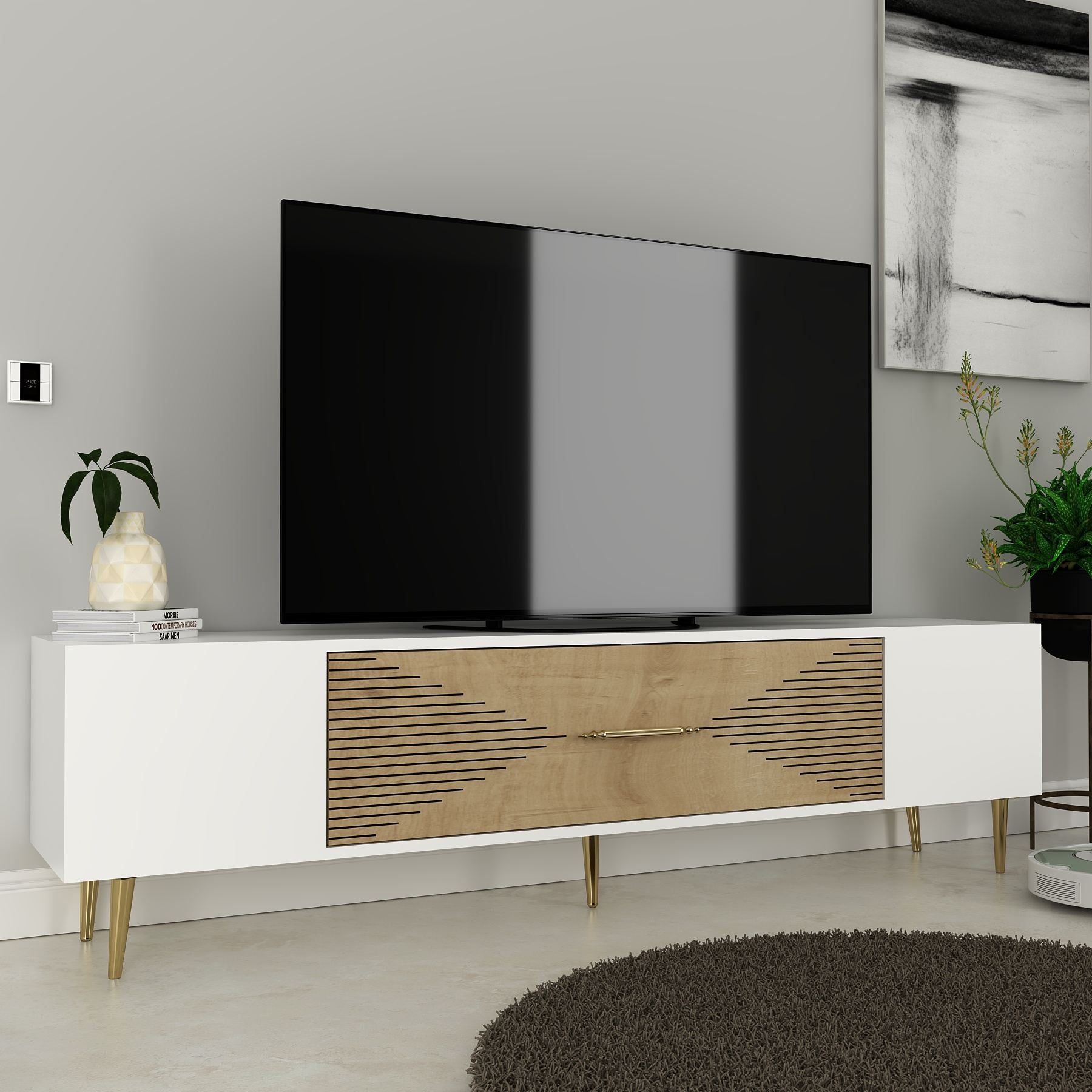 Móvel de TV – 150 cm x 48.2 cm x 29.6 cm – Carvalho Safira, Branco e Dourado – Painéis de partículas revestidos a melamina
