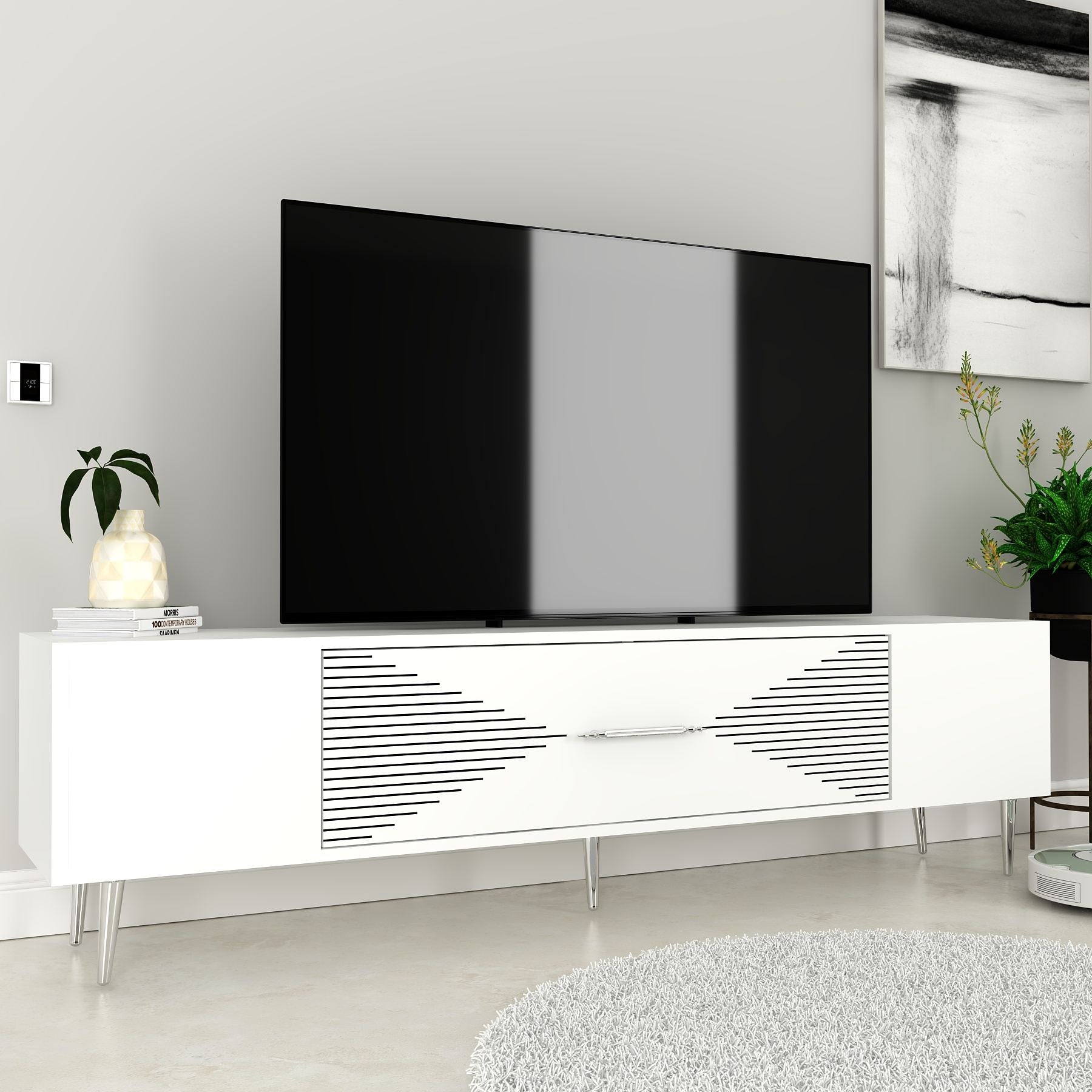Móvel de TV – 150 cm x 48,2 cm x 29,6 cm – Branco e Prata – Painéis de partículas revestidos a melamina