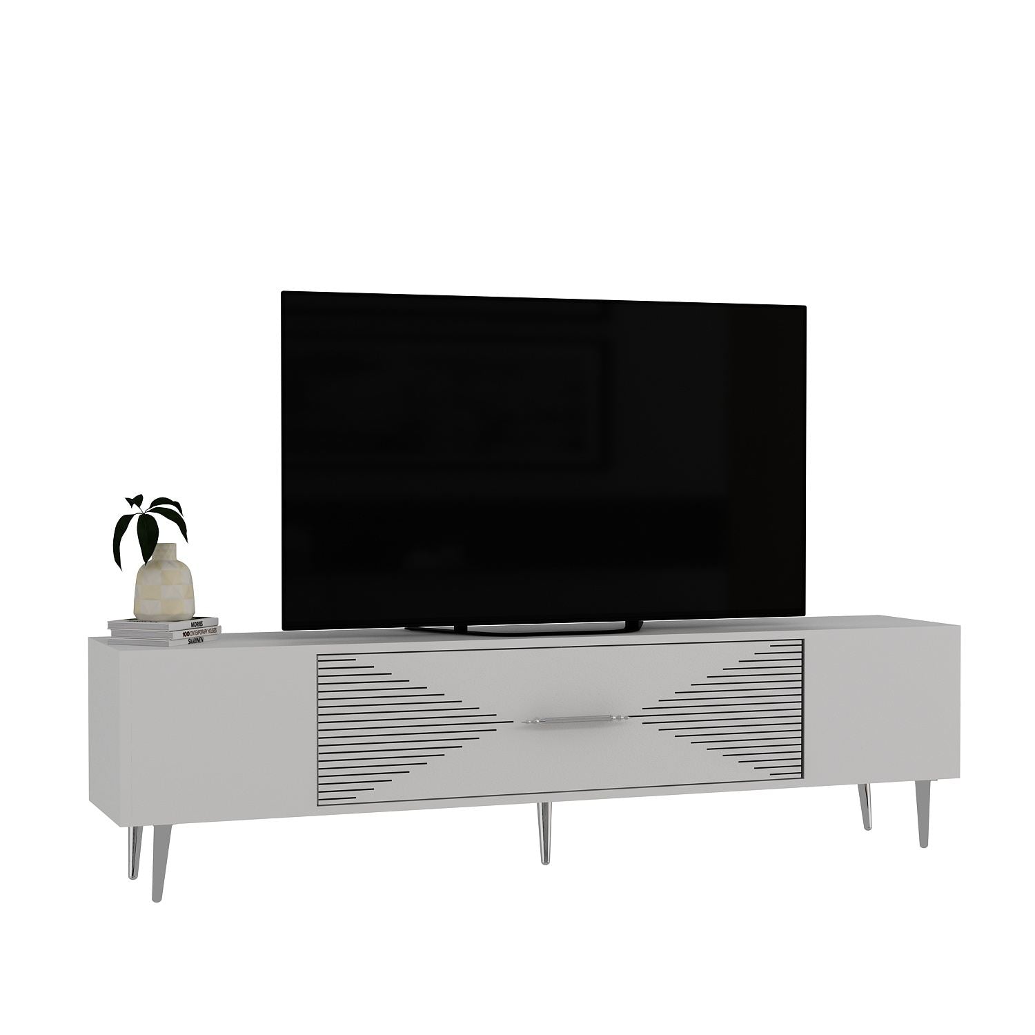 Móvel de TV – 150 cm x 48,2 cm x 29,6 cm – Branco e Prata – Painéis de partículas revestidos a melamina