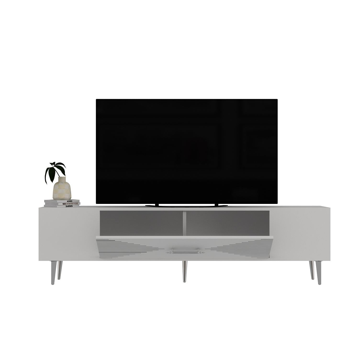 Móvel de TV – 150 cm x 48,2 cm x 29,6 cm – Branco e Prata – Painéis de partículas revestidos a melamina