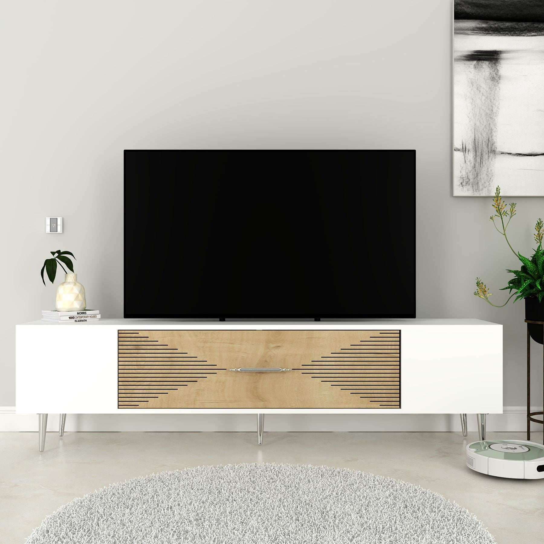Móvel de TV – 150 cm x 48,2 cm x 29,6 cm – Carvalho safira, branco e prata – Painel de partículas revestido a melamina