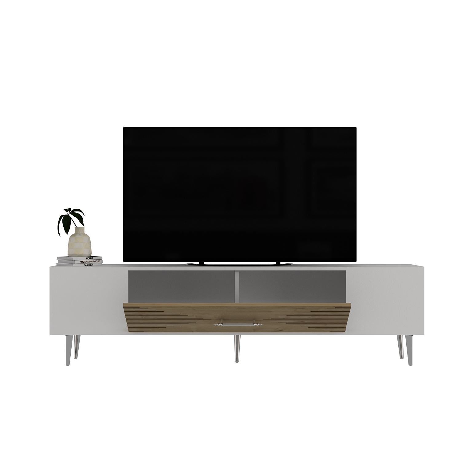 Móvel de TV – 150 cm x 48,2 cm x 29,6 cm – Carvalho safira, branco e prata – Painel de partículas revestido a melamina