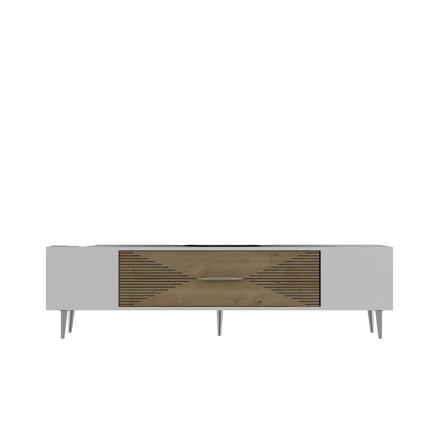 Móvel de TV – 150 cm x 48,2 cm x 29,6 cm – Carvalho safira, branco e prata – Painel de partículas revestido a melamina