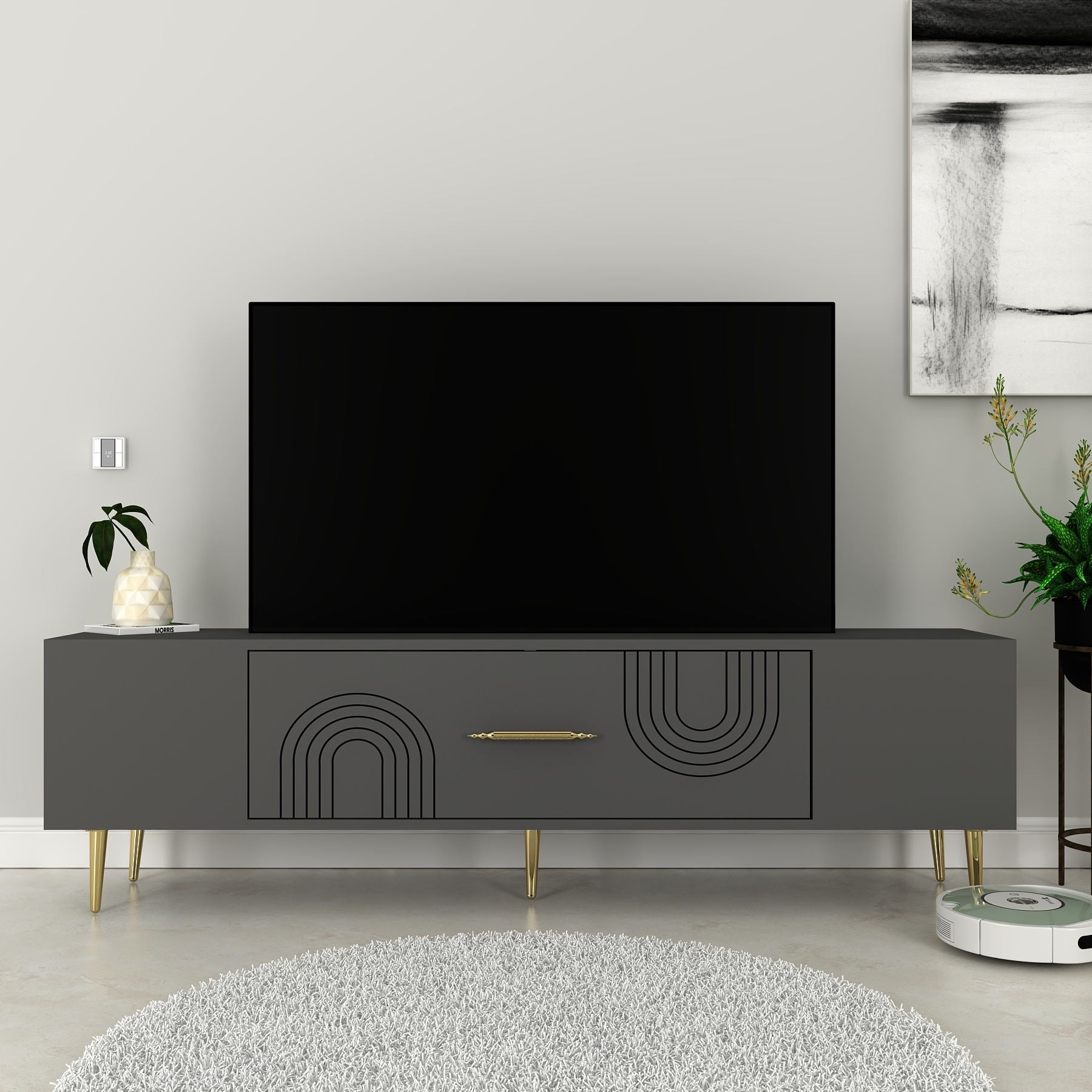 Móvel de TV – 150 cm x 48,2 cm x 29,6 cm – Antracite e Dourado – Painéis de partículas com revestimento em melamina