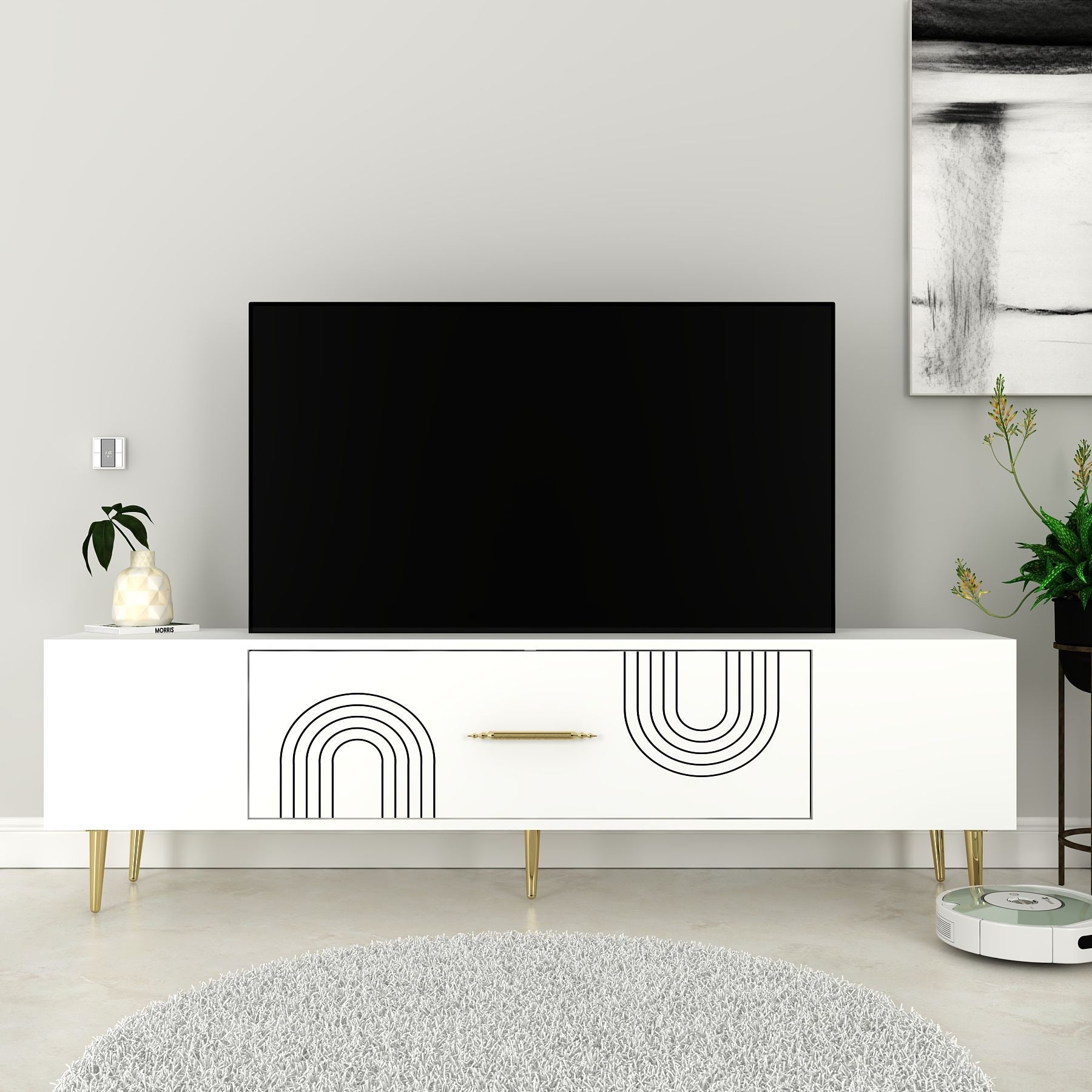 Móvel de TV – 150 cm x 48,2 cm x 29,6 cm – Branco e Dourado – Madeira