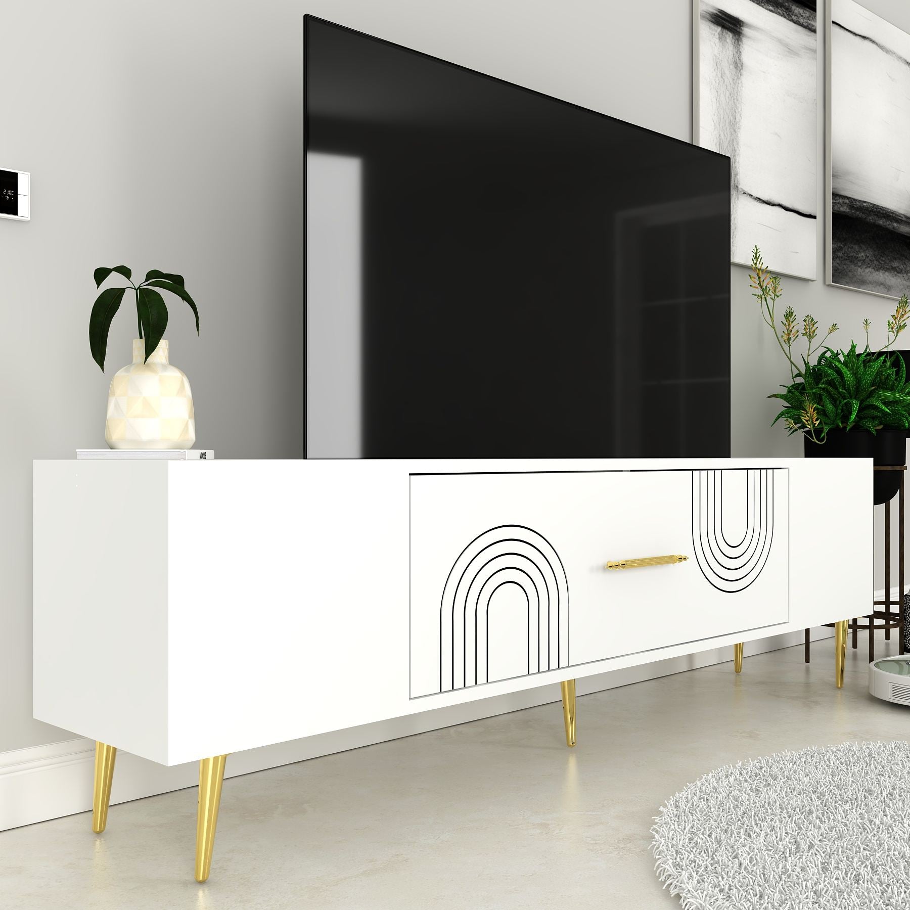 Móvel de TV – 150 cm x 48,2 cm x 29,6 cm – Branco e Dourado – Madeira