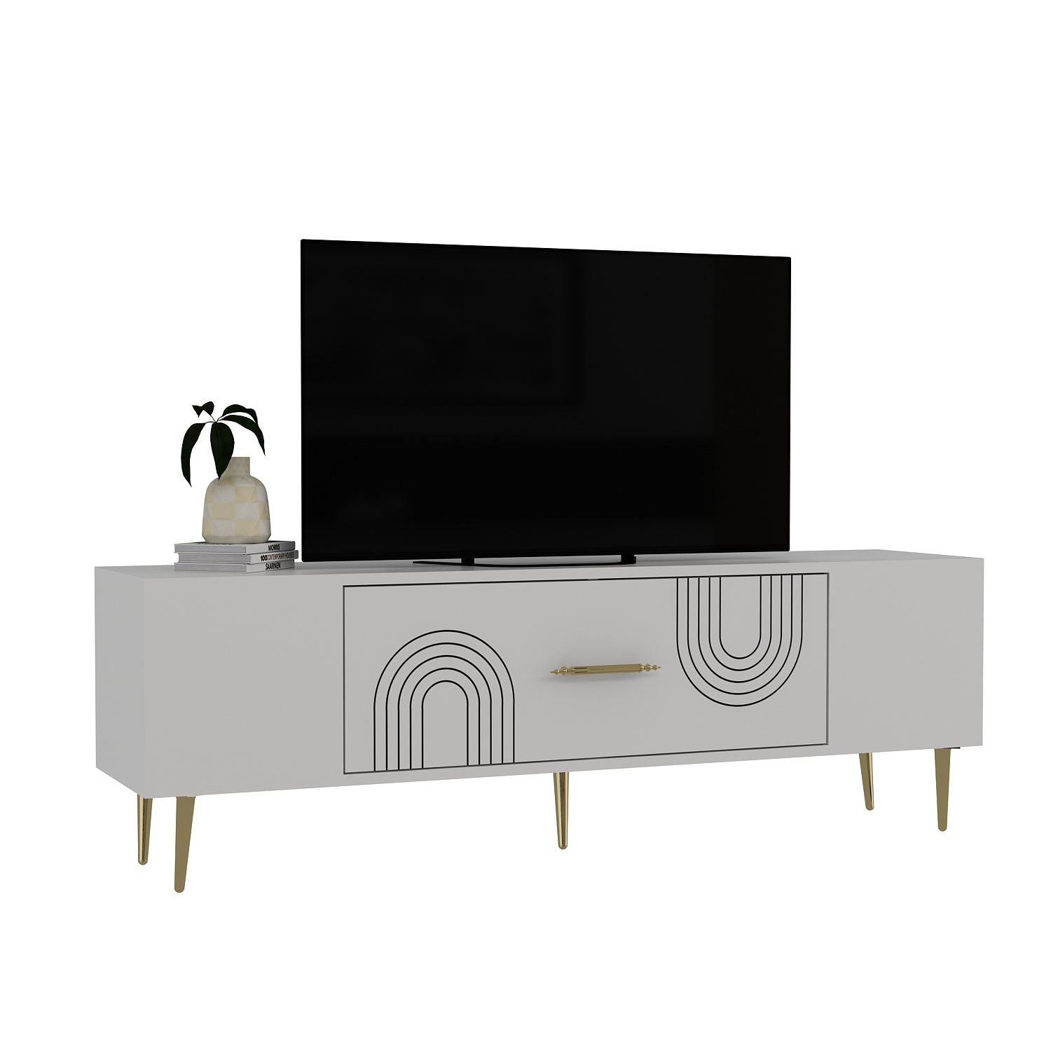 Móvel de TV – 150 cm x 48,2 cm x 29,6 cm – Branco e Dourado – Madeira