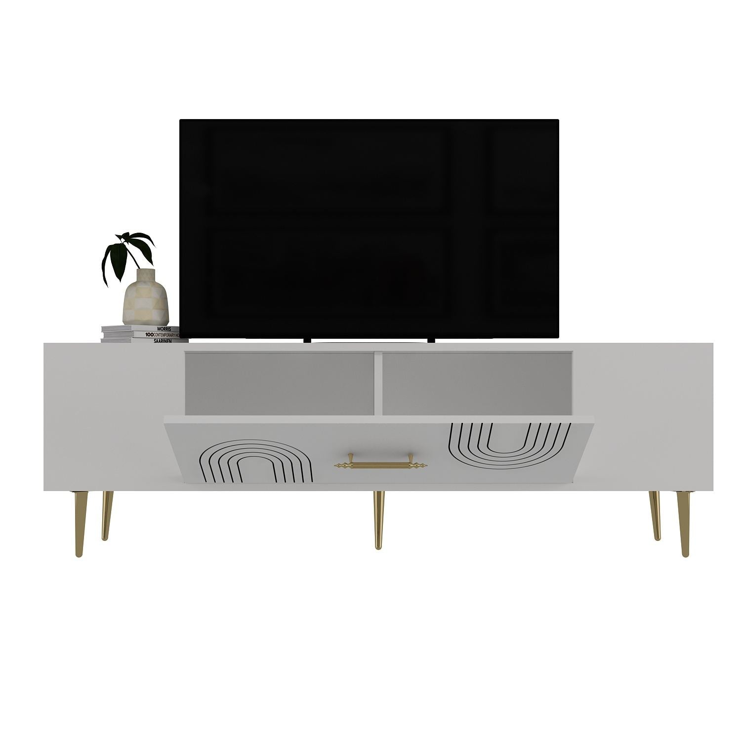 Móvel de TV – 150 cm x 48,2 cm x 29,6 cm – Branco e Dourado – Madeira