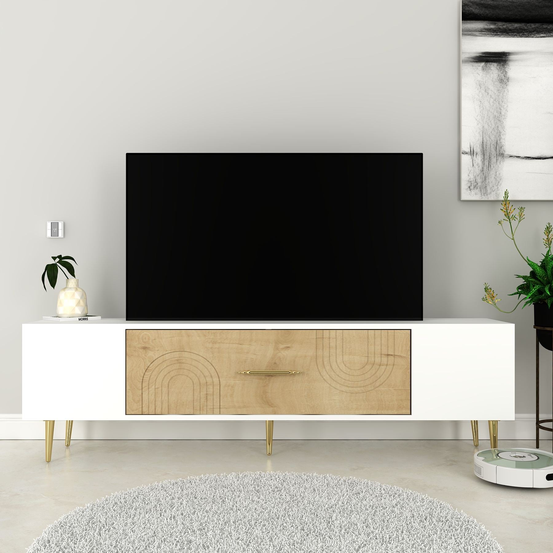 Móvel de TV – 150 cm x 48.2 cm x 29.6 cm – Carvalho Safira, Branco, Dourado – Painel de Partículas