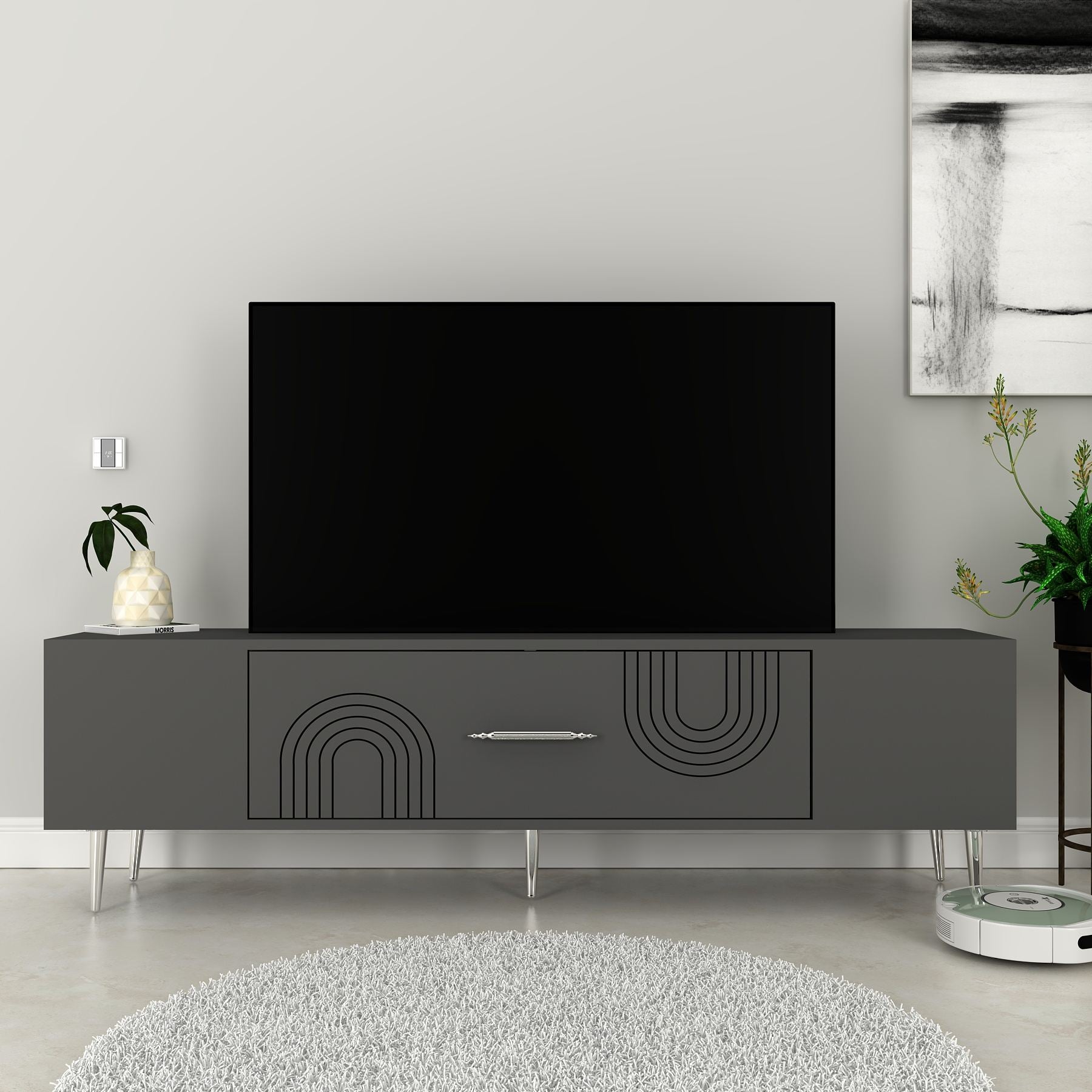 Móvel de TV – 150 cm x 48,2 cm x 29,6 cm – Antracite e Prata – Painel de partículas revestido a melamina