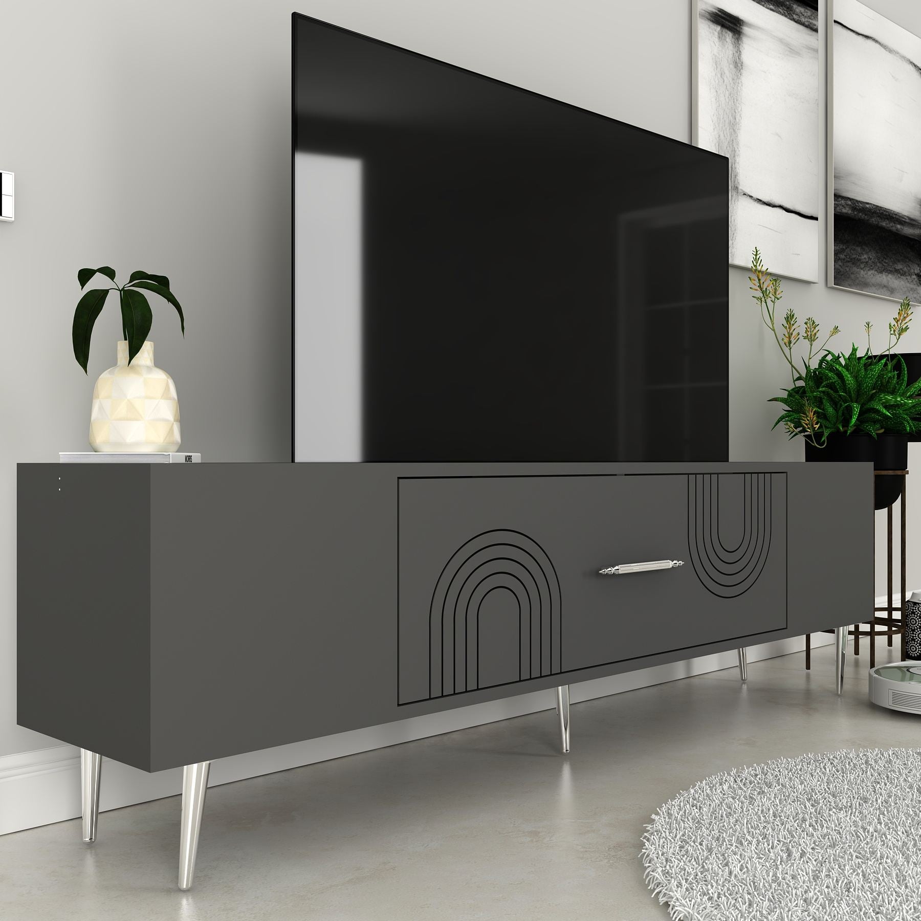 Móvel de TV – 150 cm x 48,2 cm x 29,6 cm – Antracite e Prata – Painel de partículas revestido a melamina