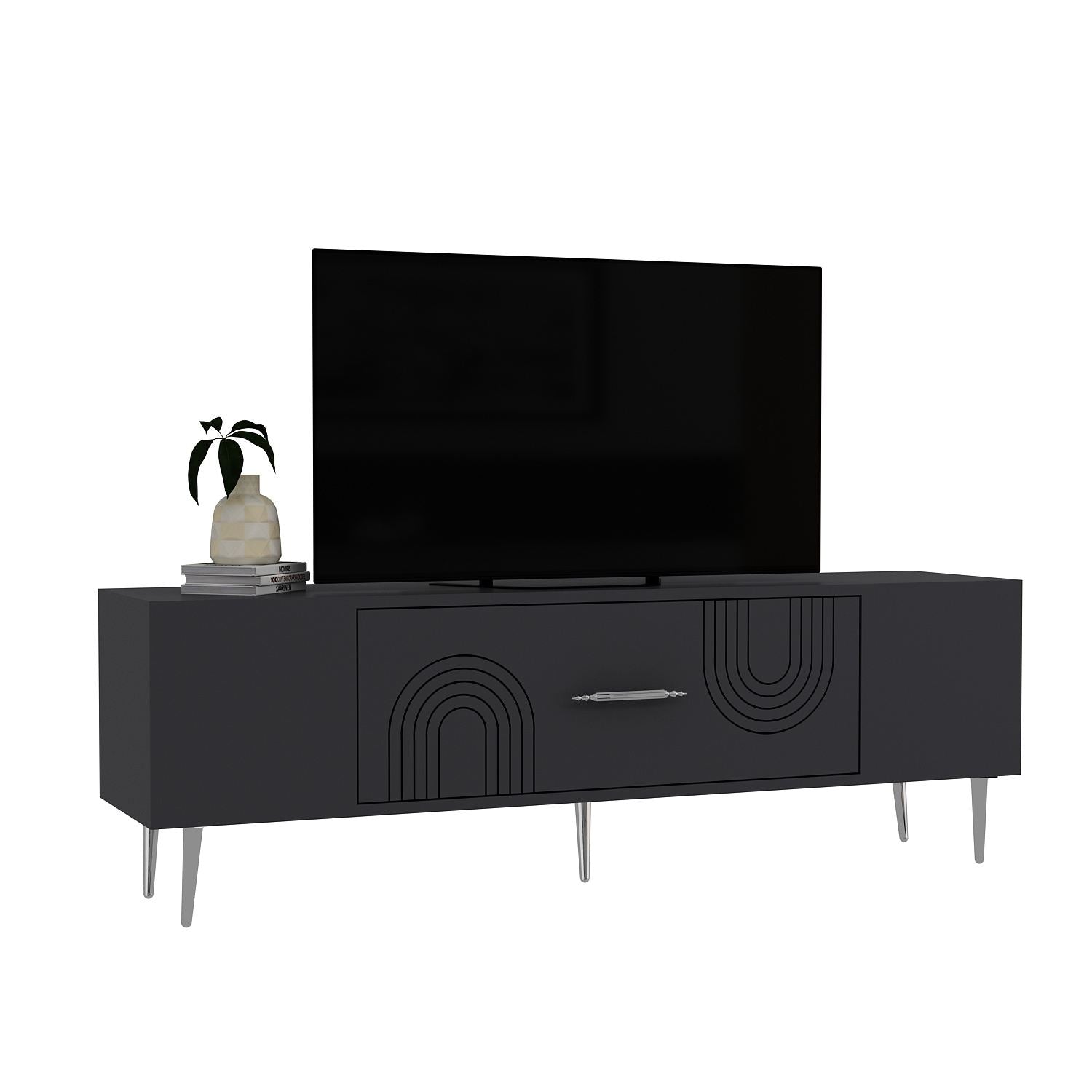 Móvel de TV – 150 cm x 48,2 cm x 29,6 cm – Antracite e Prata – Painel de partículas revestido a melamina