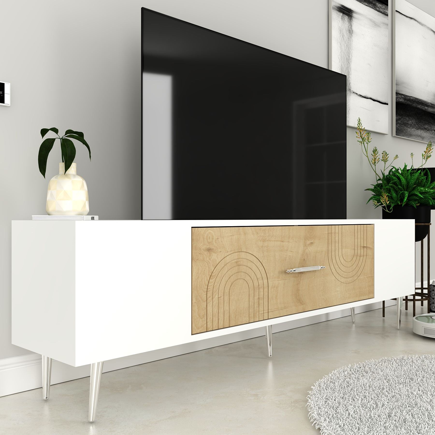 Móvel de TV – 150 cm x 48,2 cm x 29,6 cm – Carvalho Safira, Branco, Prata – Painel de partículas revestido a melamina