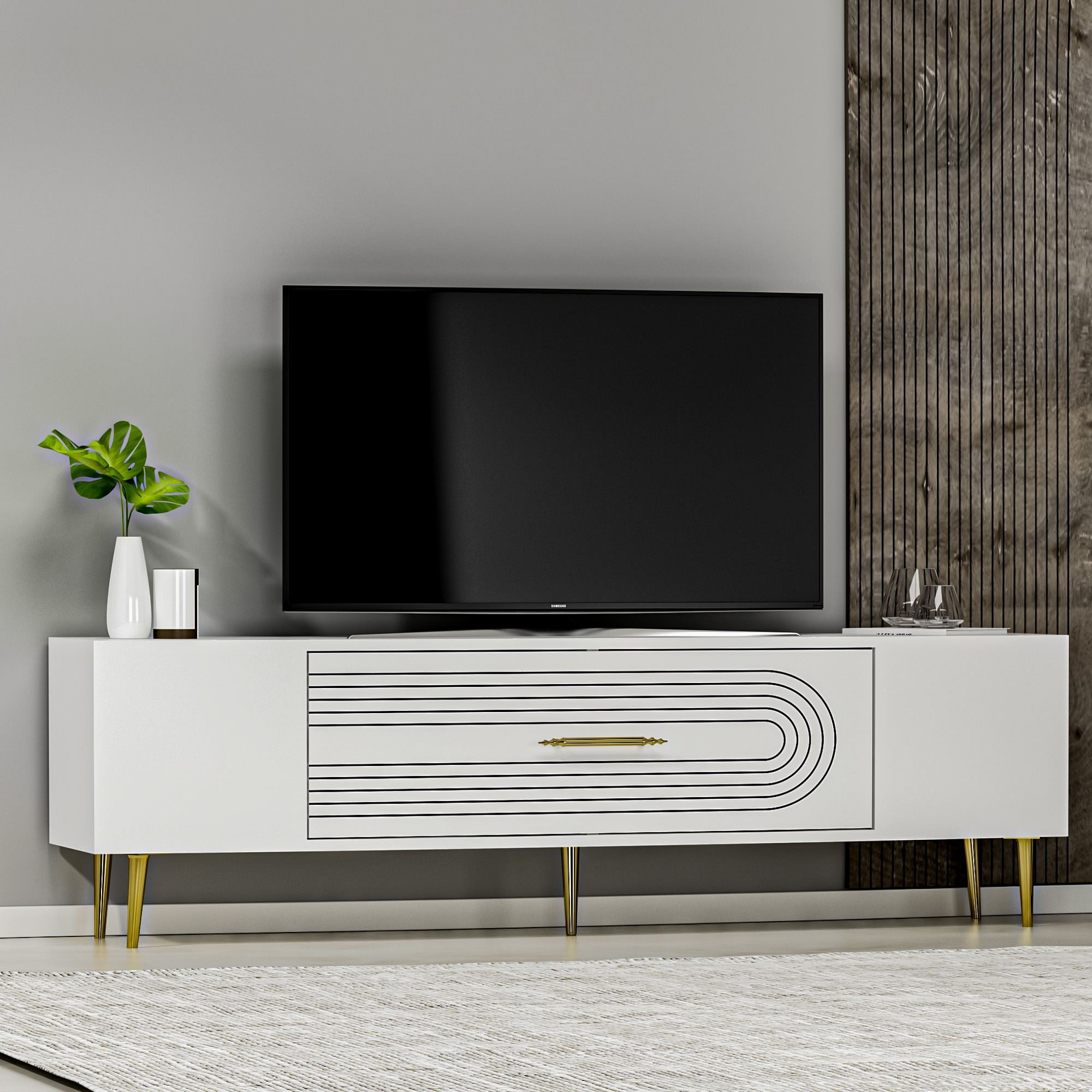 Móvel de TV – 150 cm – Branco e Dourado – Painéis de partículas revestidos a melamina