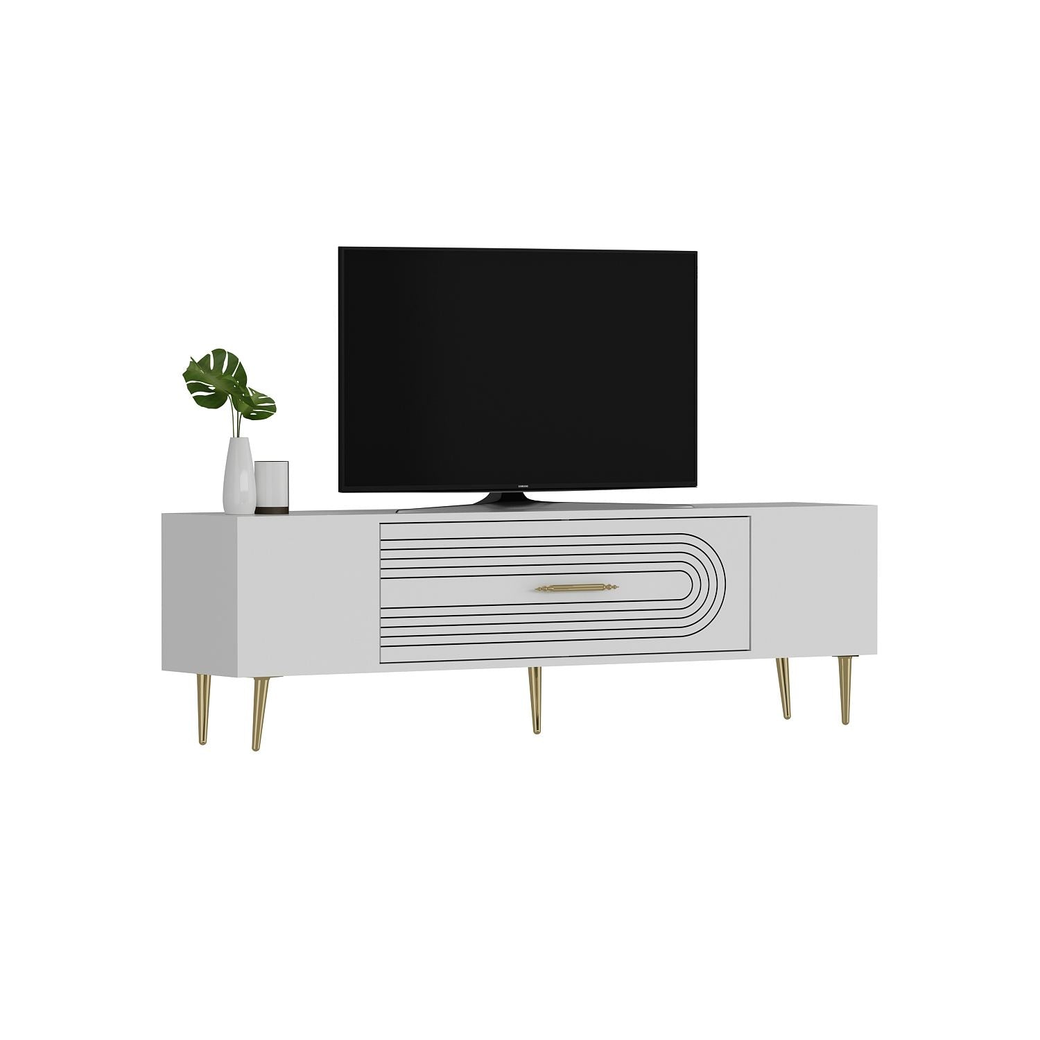 Móvel de TV – 150 cm – Branco e Dourado – Painéis de partículas revestidos a melamina