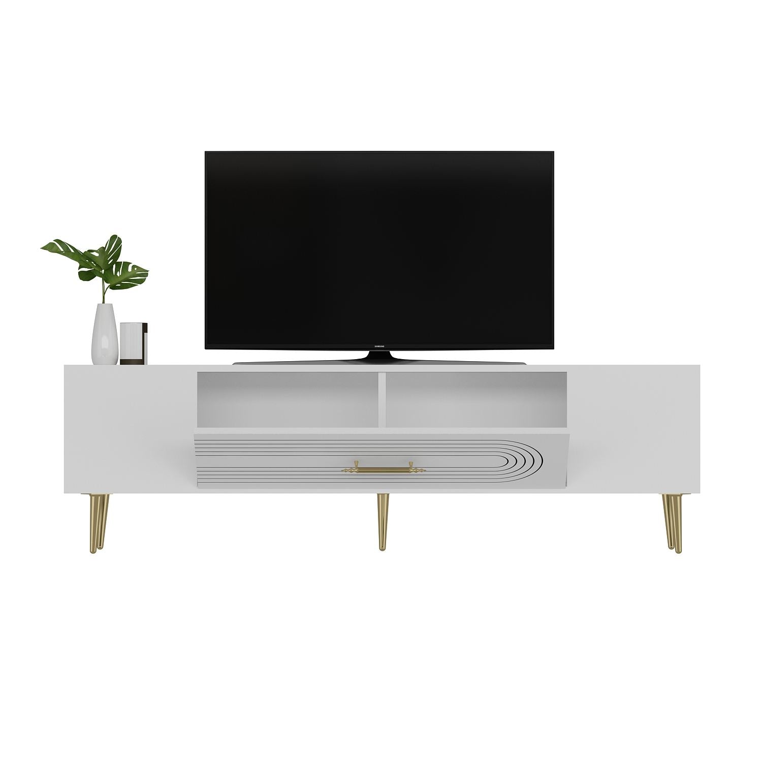 Móvel de TV – 150 cm – Branco e Dourado – Painéis de partículas revestidos a melamina