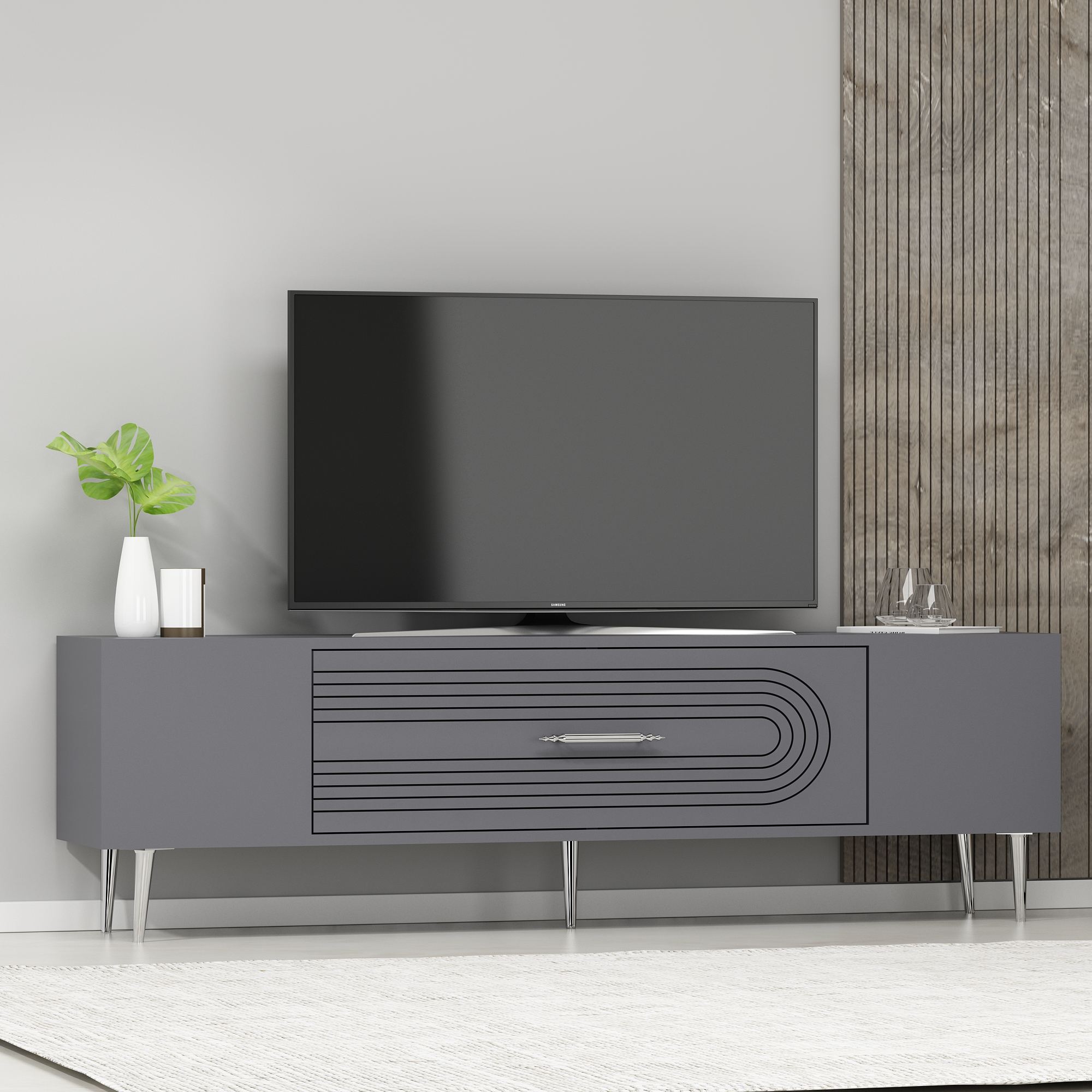 Móvel de TV – 150 cm x 48,2 cm x 29,6 cm – Antracite e Prata – Painéis de Partículas Revestidos a Melamina