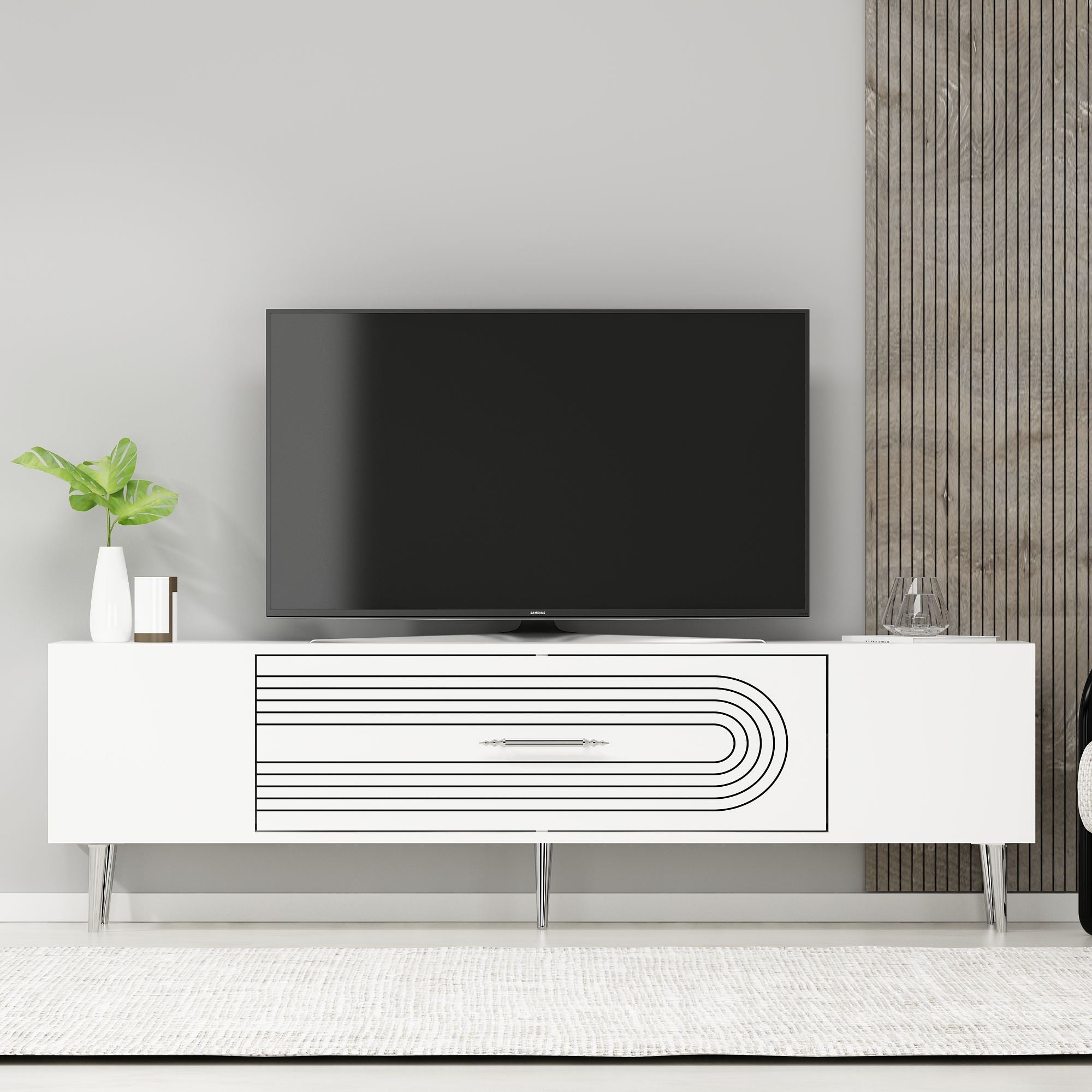 Móvel de TV – 150 cm x 48,2 cm x 29,6 cm – Branco e Prata – Painéis de partículas revestidos a melamina