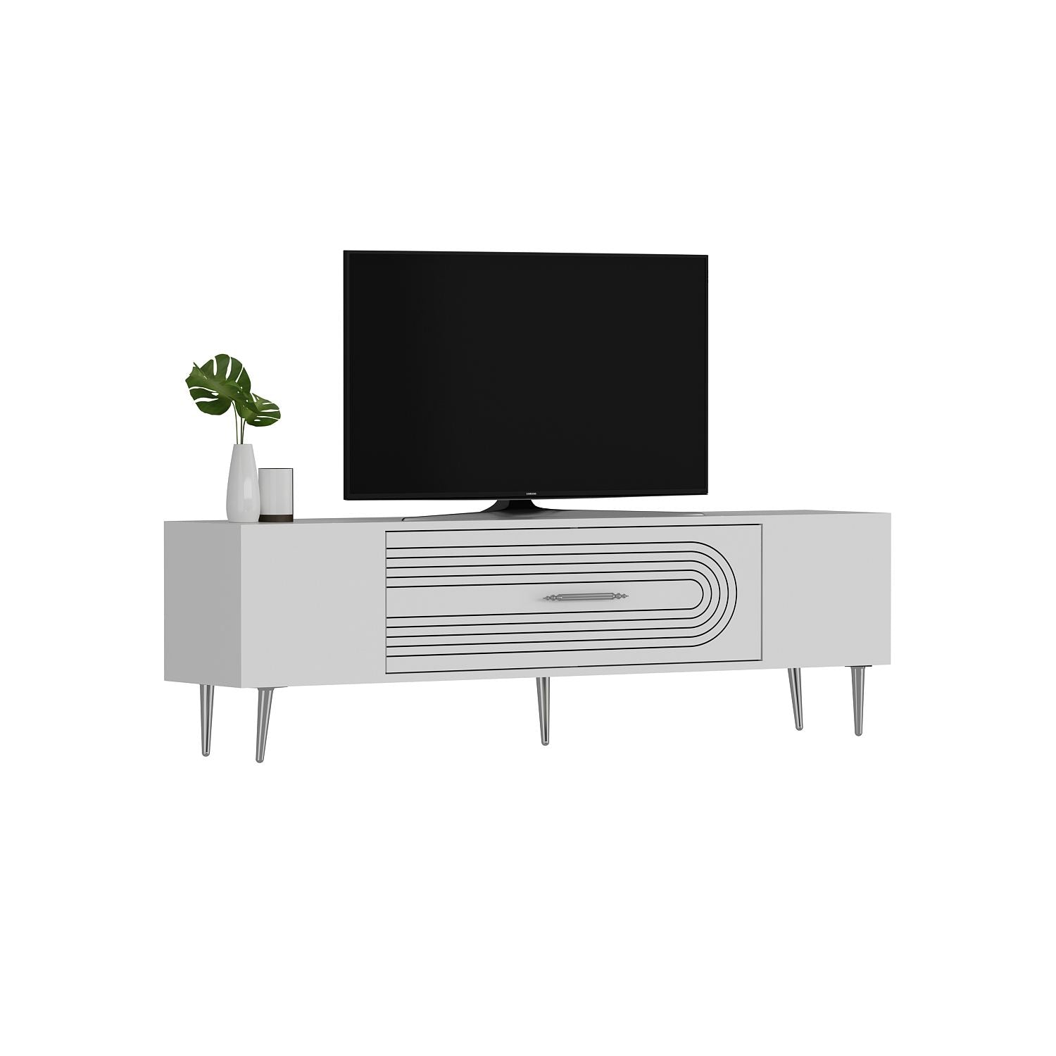 Móvel de TV – 150 cm x 48,2 cm x 29,6 cm – Branco e Prata – Painéis de partículas revestidos a melamina