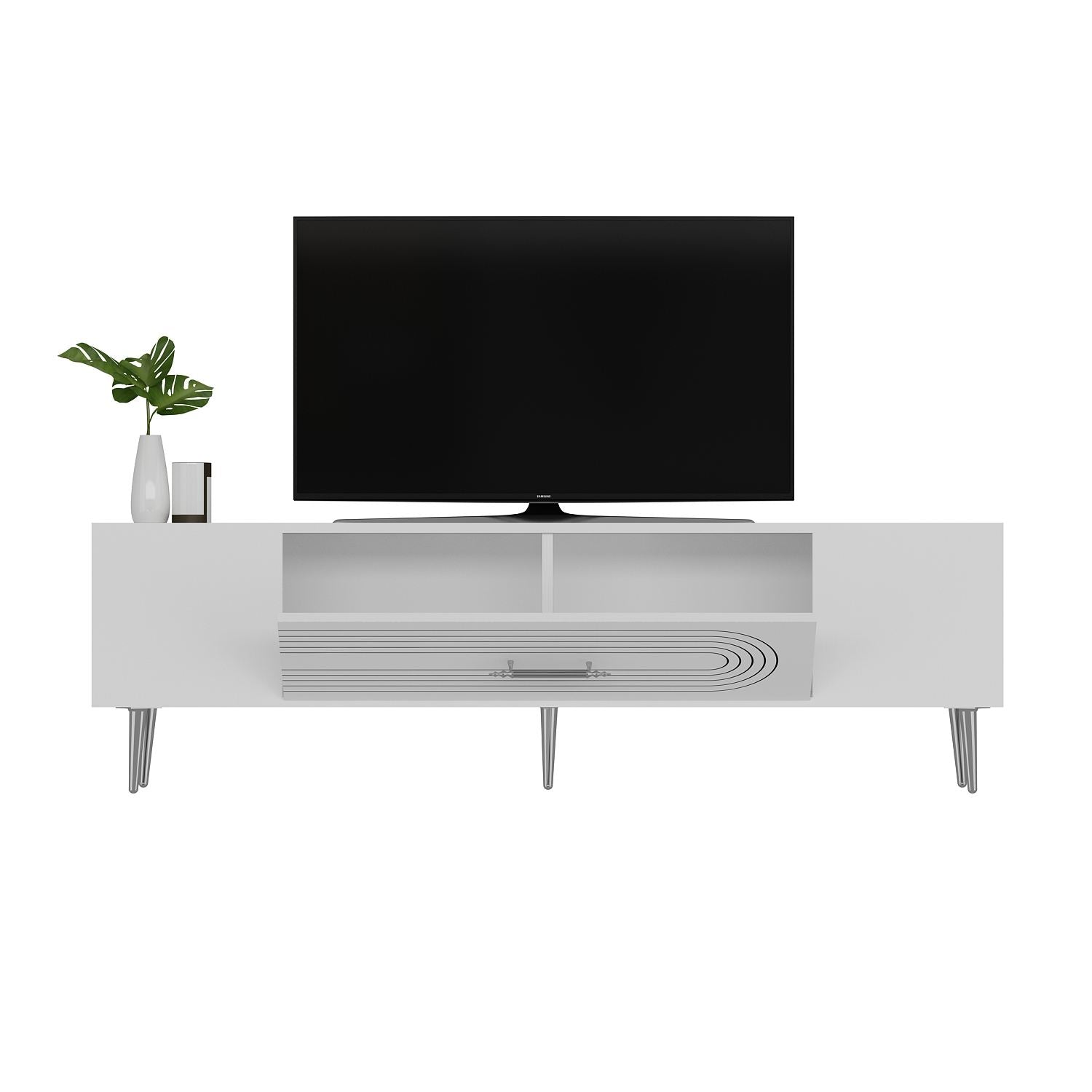 Móvel de TV – 150 cm x 48,2 cm x 29,6 cm – Branco e Prata – Painéis de partículas revestidos a melamina