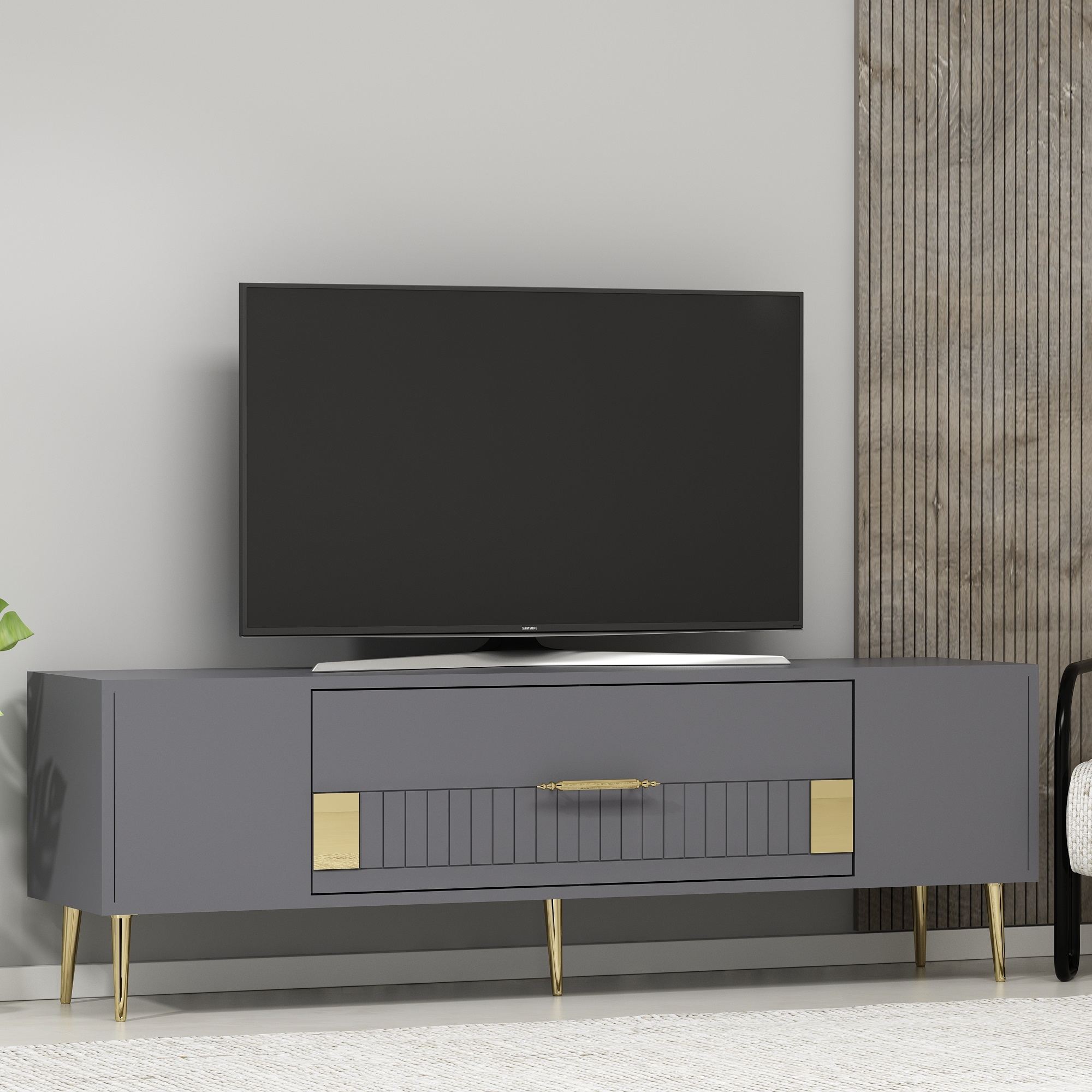 Móvel de TV – 150 cm x 48,2 cm x 29,6 cm – Antracite/Dourado – painel de partículas