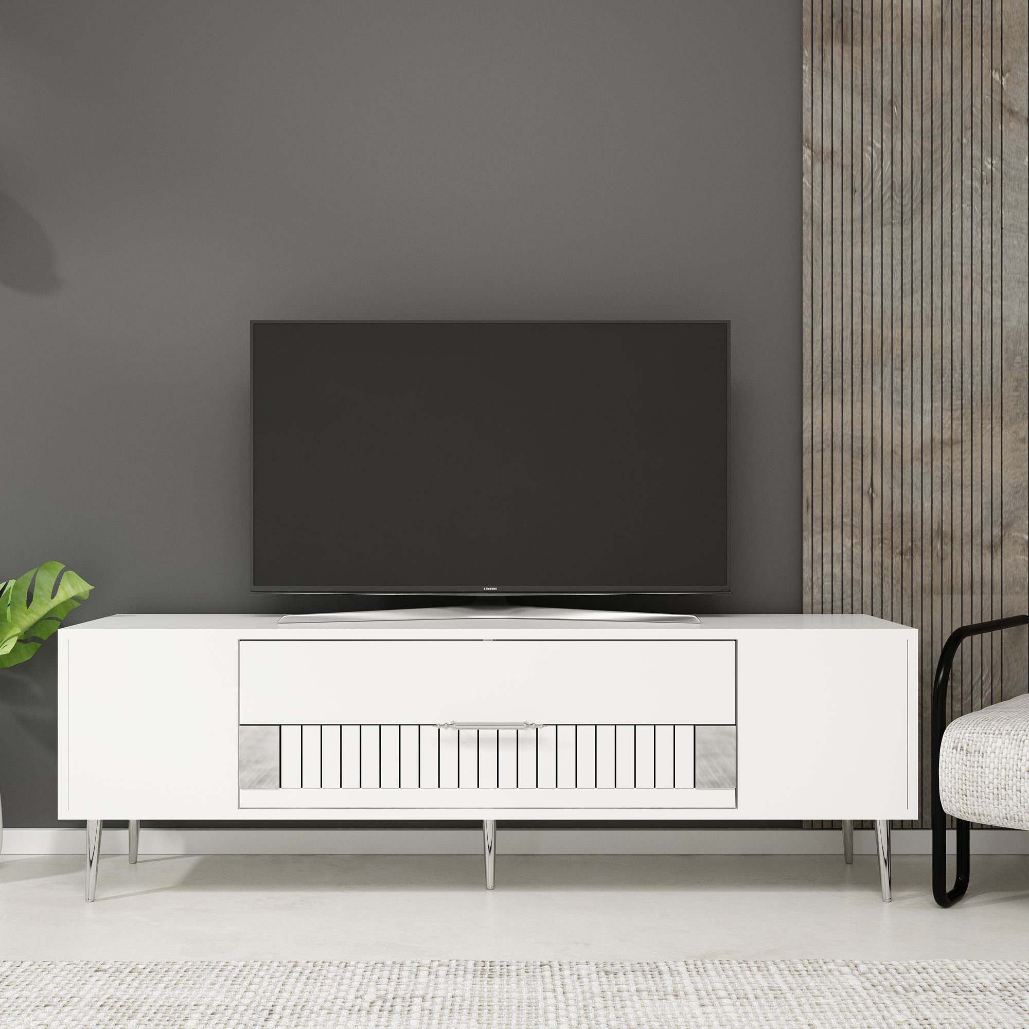 Móvel de TV – 150 cm x 48,2 cm x 29,6 cm – Branco e Prata – Painéis de partículas revestidos a melamina