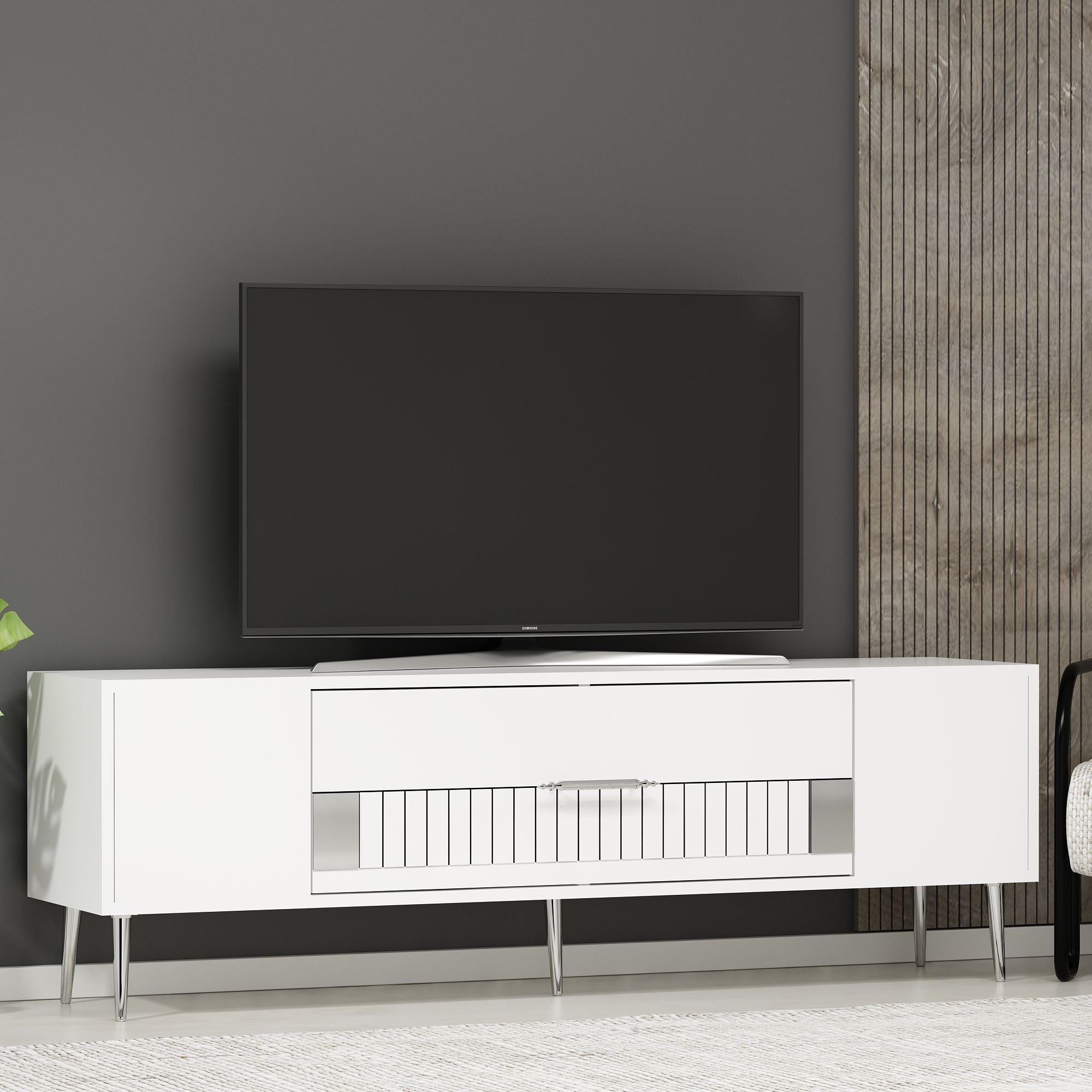 Móvel de TV – 150 cm x 48,2 cm x 29,6 cm – Branco e Prata – Painéis de partículas revestidos a melamina