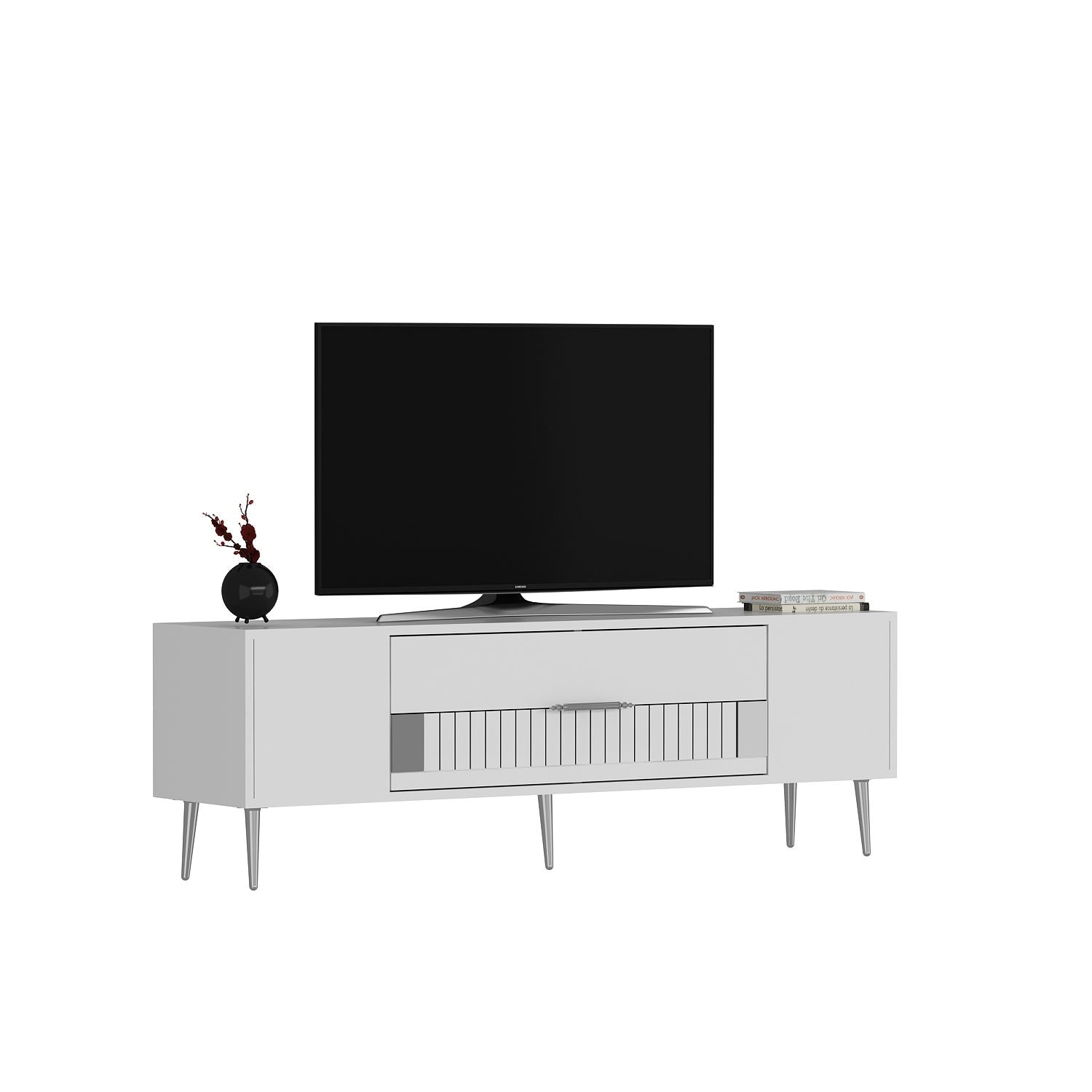 Móvel de TV – 150 cm x 48,2 cm x 29,6 cm – Branco e Prata – Painéis de partículas revestidos a melamina