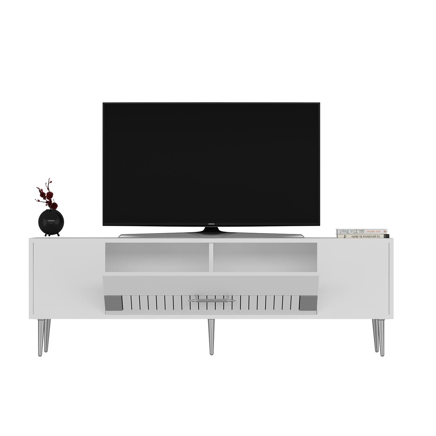 Móvel de TV – 150 cm x 48,2 cm x 29,6 cm – Branco e Prata – Painéis de partículas revestidos a melamina
