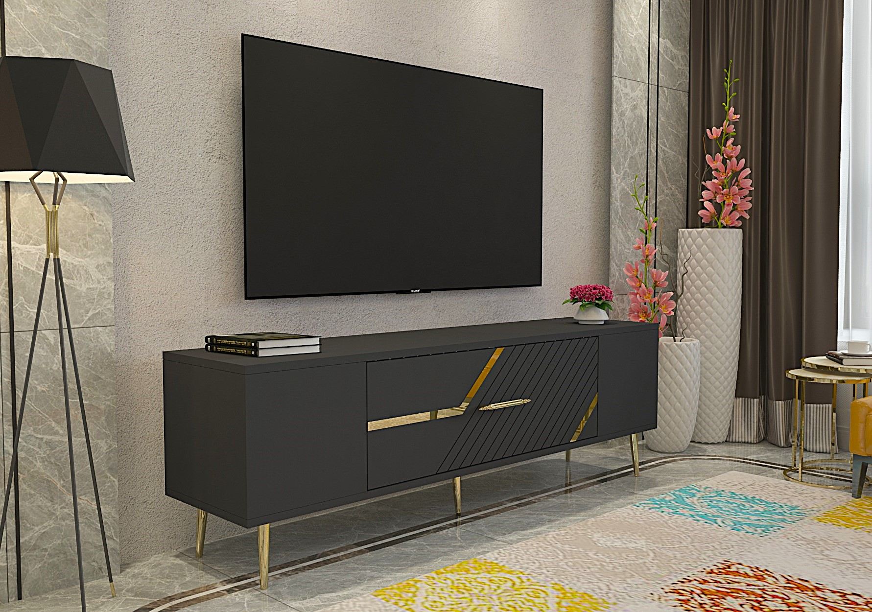 Móvel de TV – 150 cm x 48,2 cm x 29,6 cm – Antracite e Dourado – Painel de partículas com revestimento de melamina