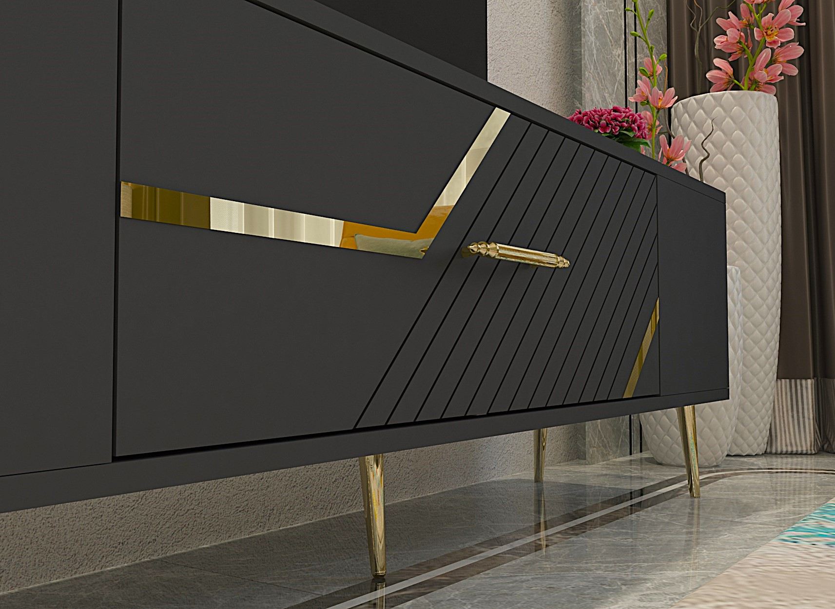 Móvel de TV – 150 cm x 48,2 cm x 29,6 cm – Antracite e Dourado – Painel de partículas com revestimento de melamina