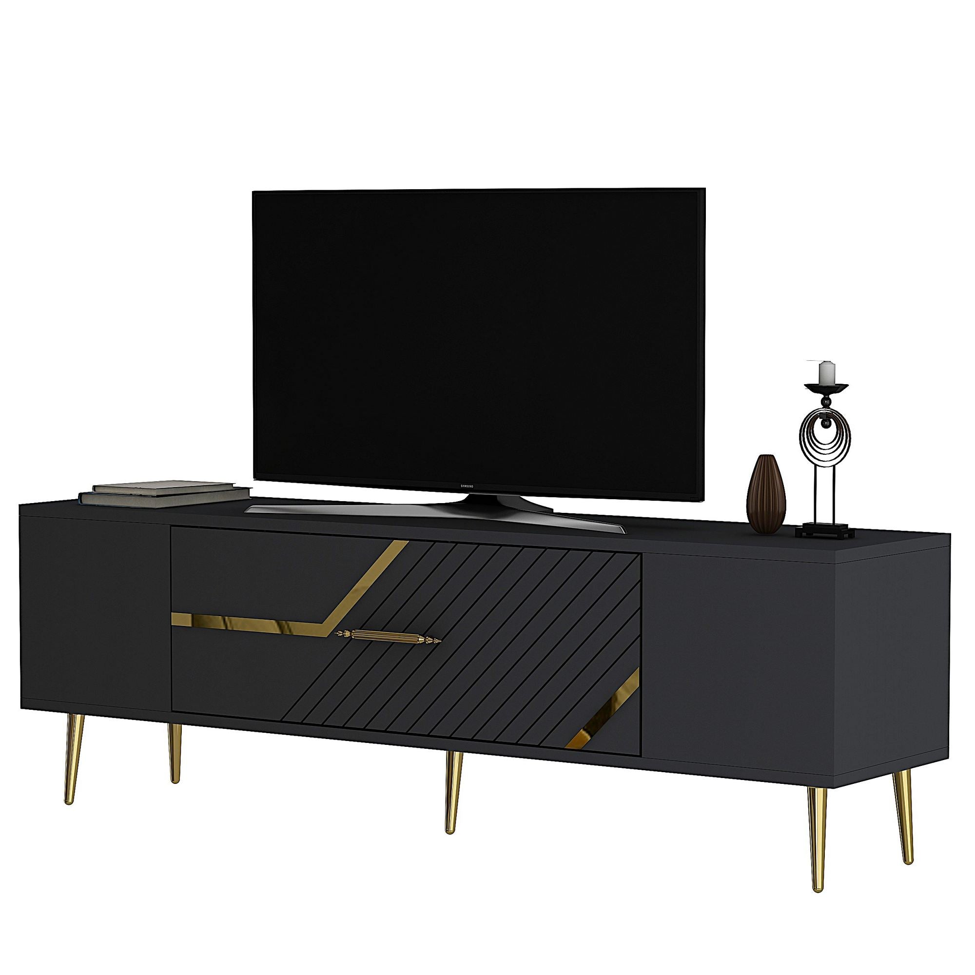 Móvel de TV – 150 cm x 48,2 cm x 29,6 cm – Antracite e Dourado – Painel de partículas com revestimento de melamina