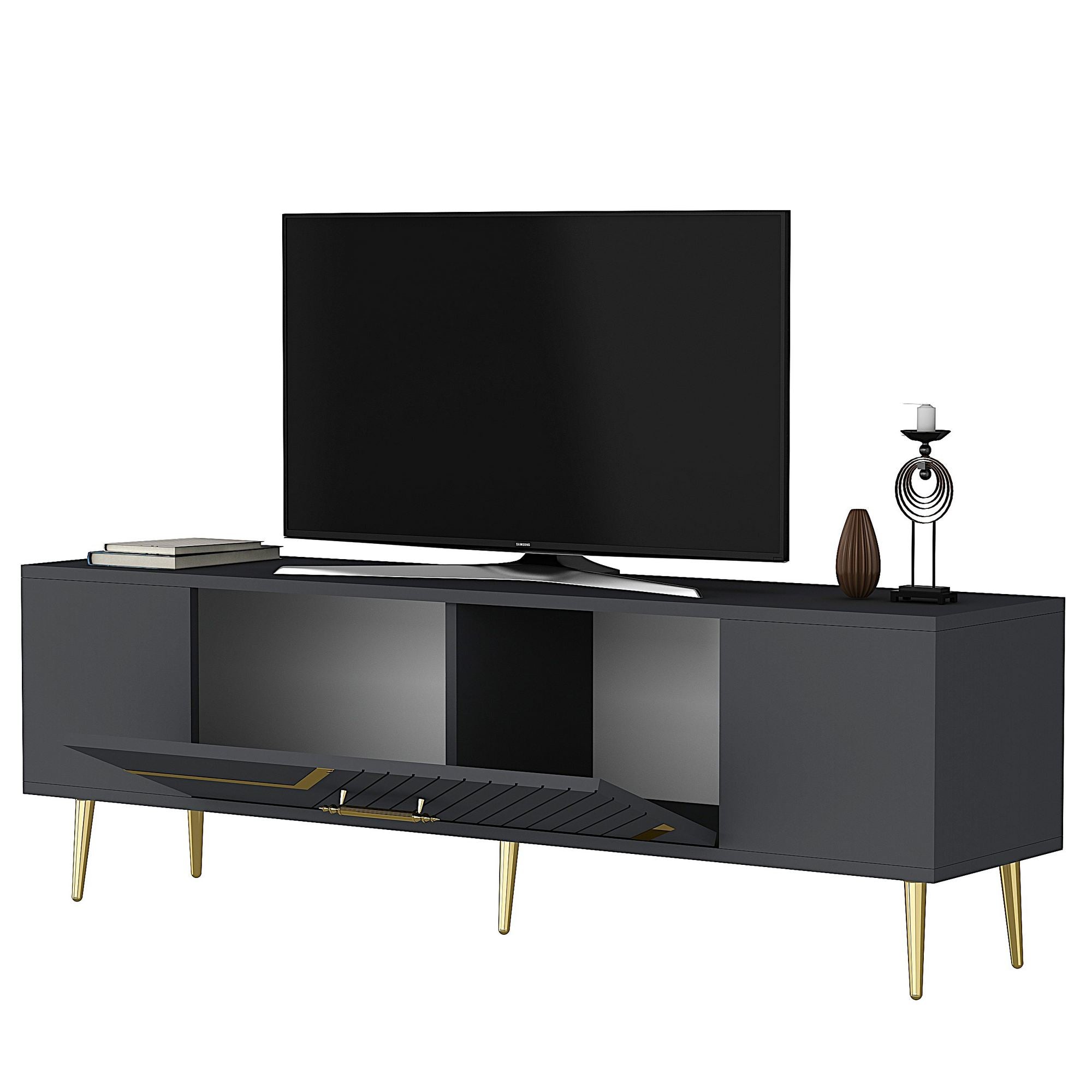 Móvel de TV – 150 cm x 48,2 cm x 29,6 cm – Antracite e Dourado – Painel de partículas com revestimento de melamina