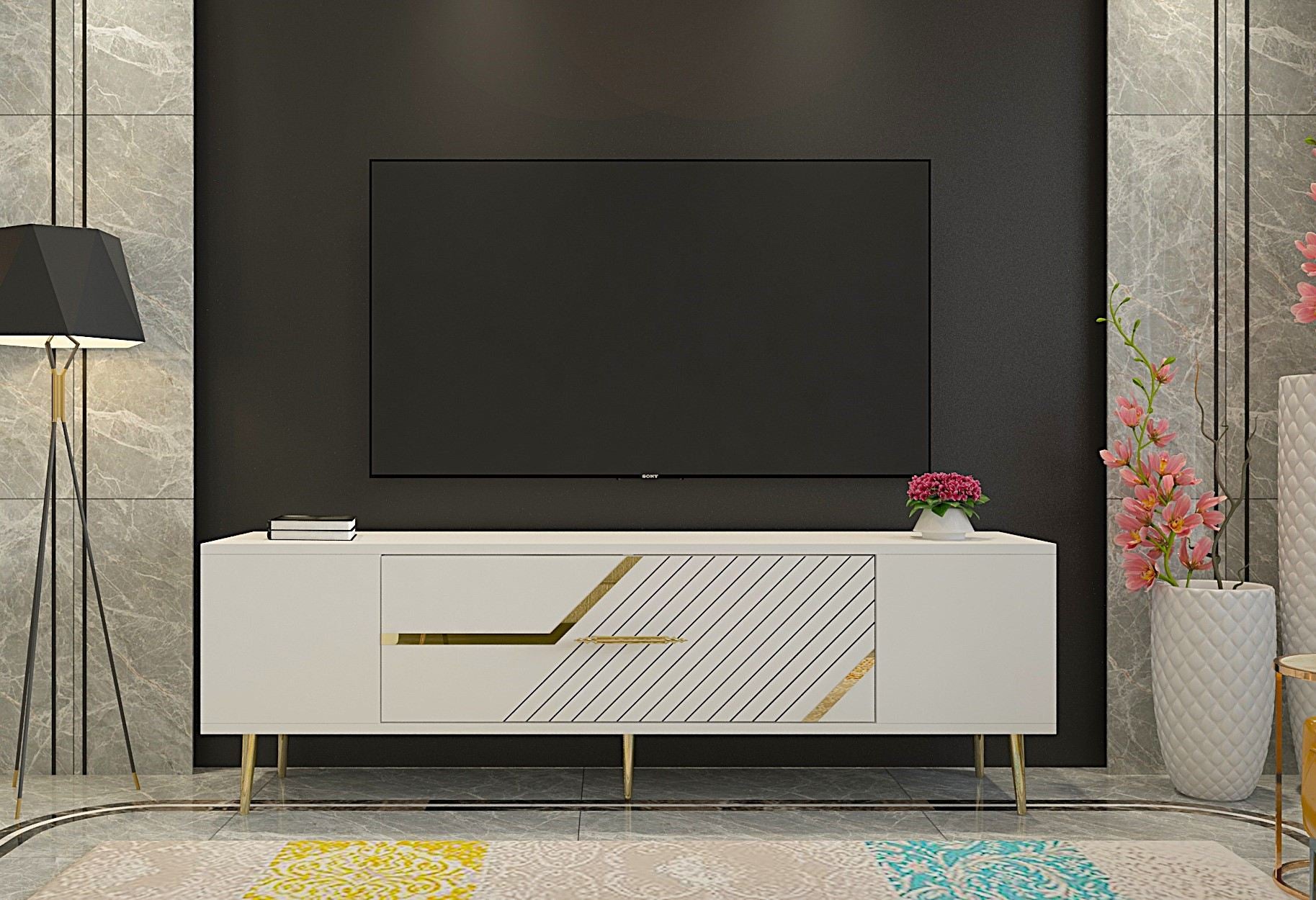 Móvel de TV – 150 cm x 48,2 cm x 29,6 cm – Branco e Dourado – Melamina