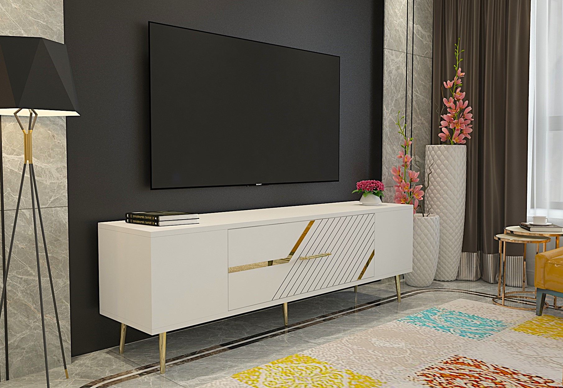 Móvel de TV – 150 cm x 48,2 cm x 29,6 cm – Branco e Dourado – Melamina