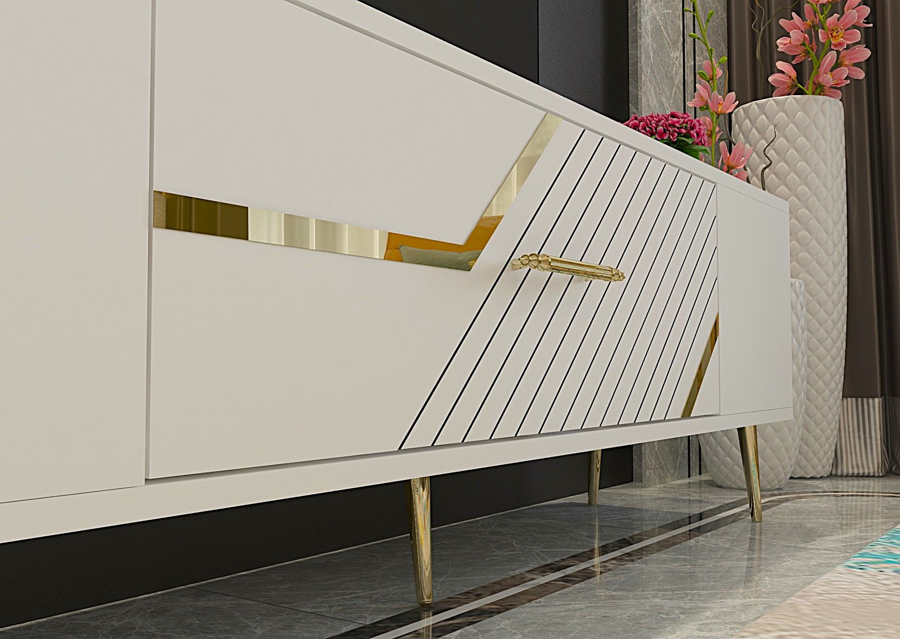 Móvel de TV – 150 cm x 48,2 cm x 29,6 cm – Branco e Dourado – Melamina