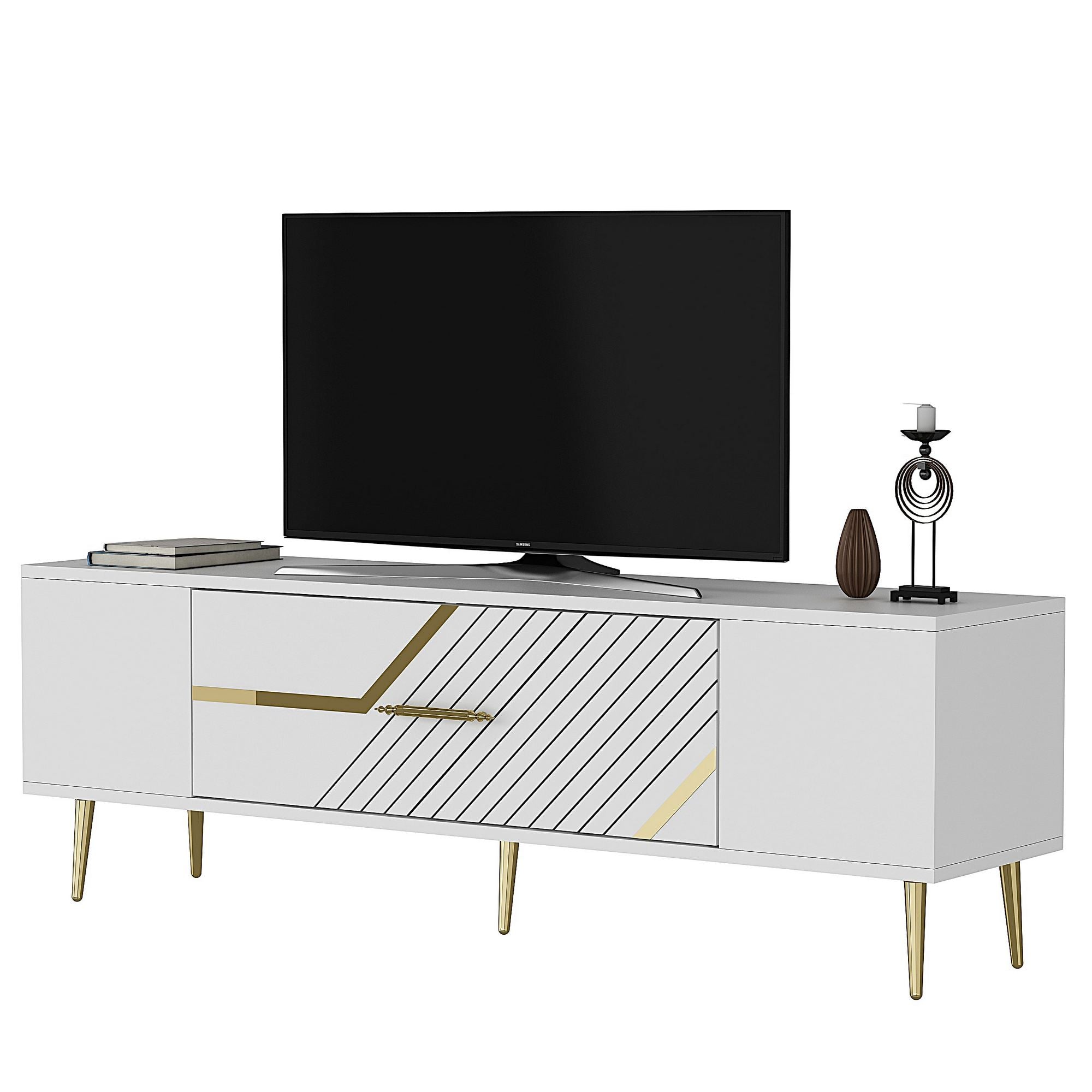Móvel de TV – 150 cm x 48,2 cm x 29,6 cm – Branco e Dourado – Melamina