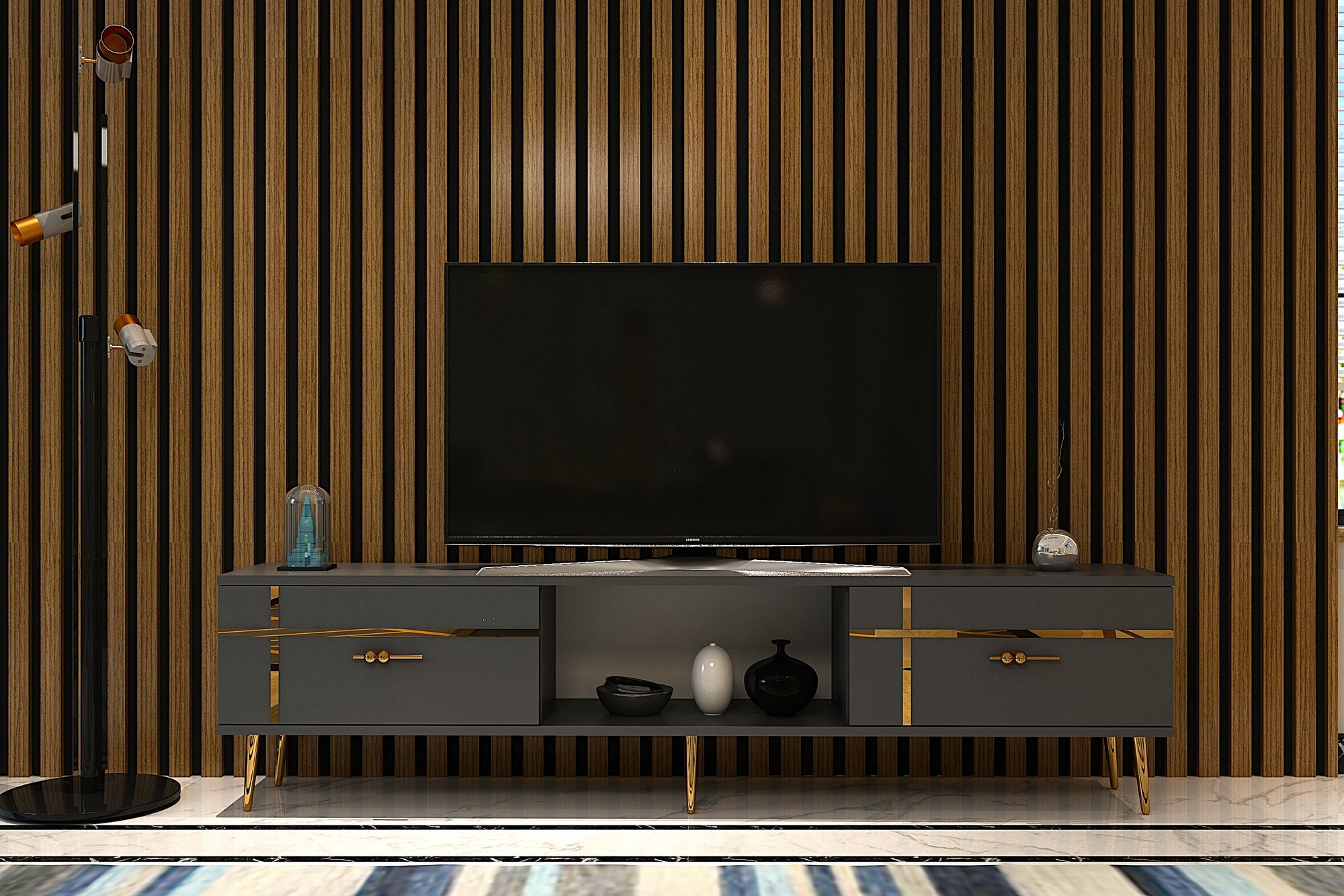Móvel de TV – 150cm – Antracite e Ouro – MDF