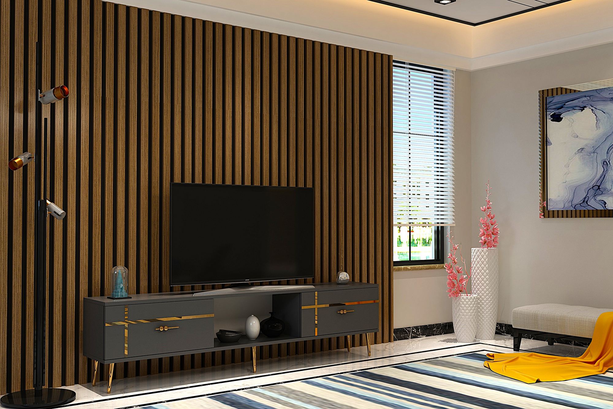 Móvel de TV – 150cm – Antracite e Ouro – MDF