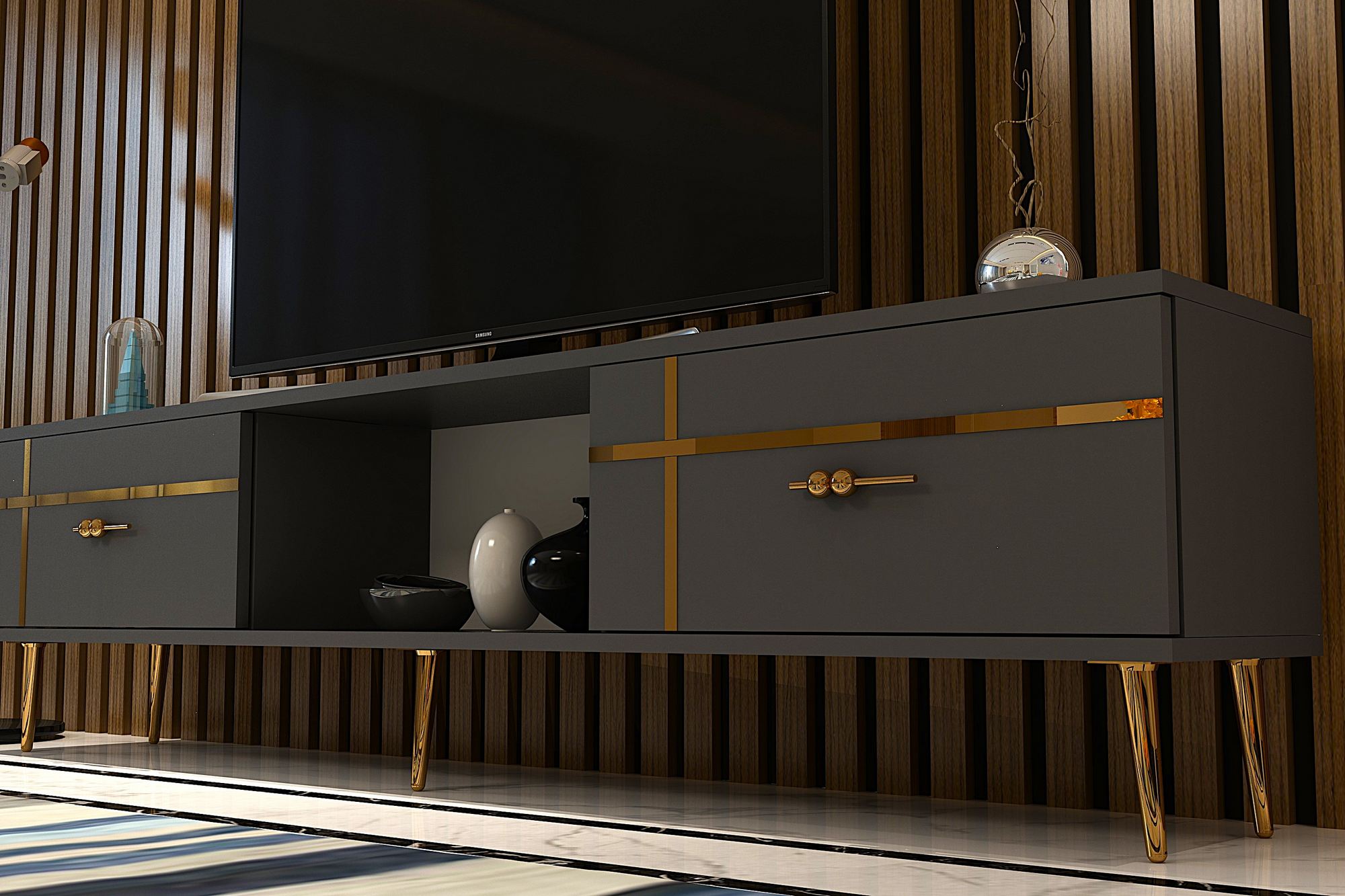 Móvel de TV – 150cm – Antracite e Ouro – MDF