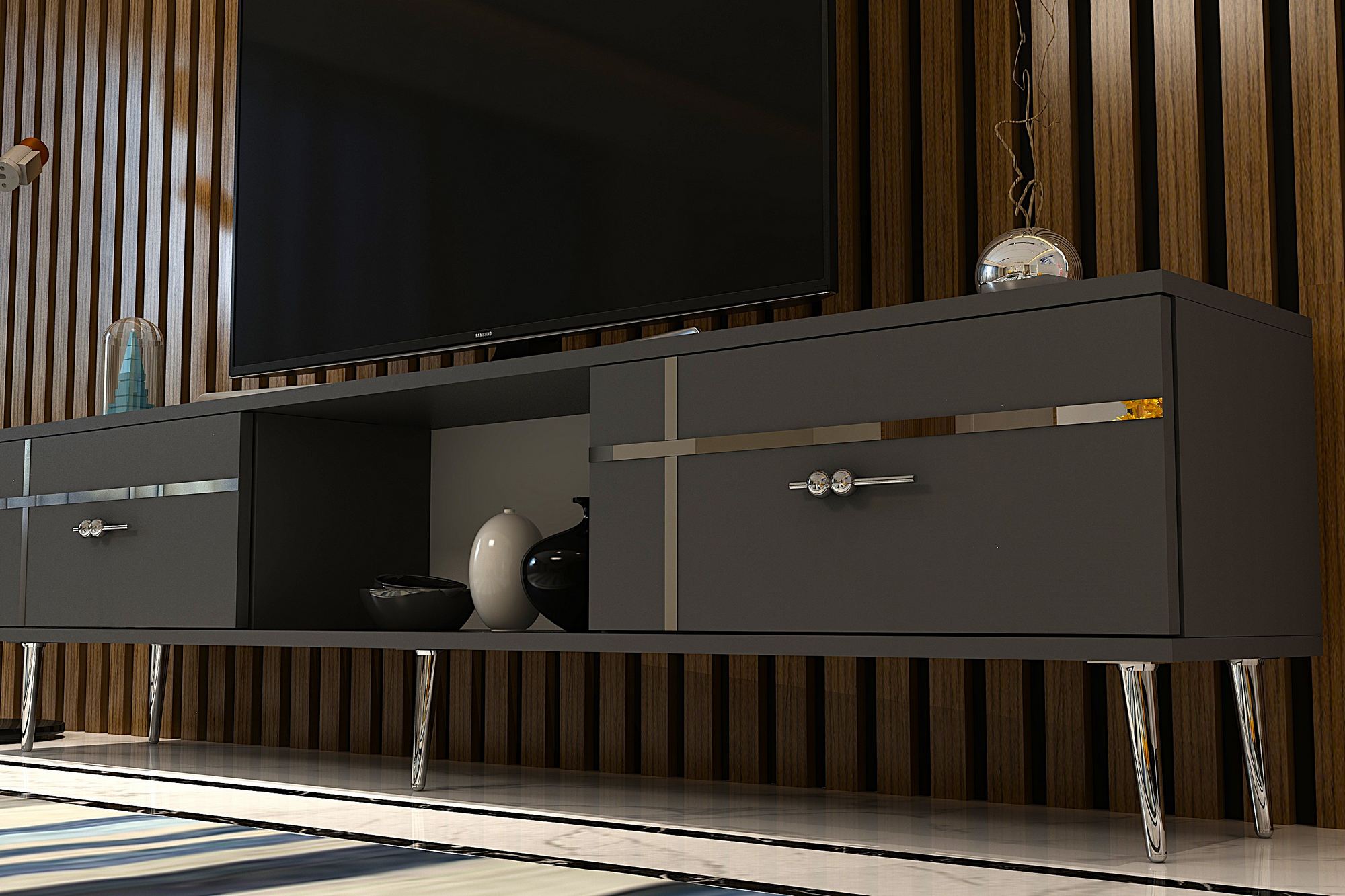 Móvel de TV – 150 cm x 40,6 cm x 29,6 cm – Antracite e Prata – Aglomerado