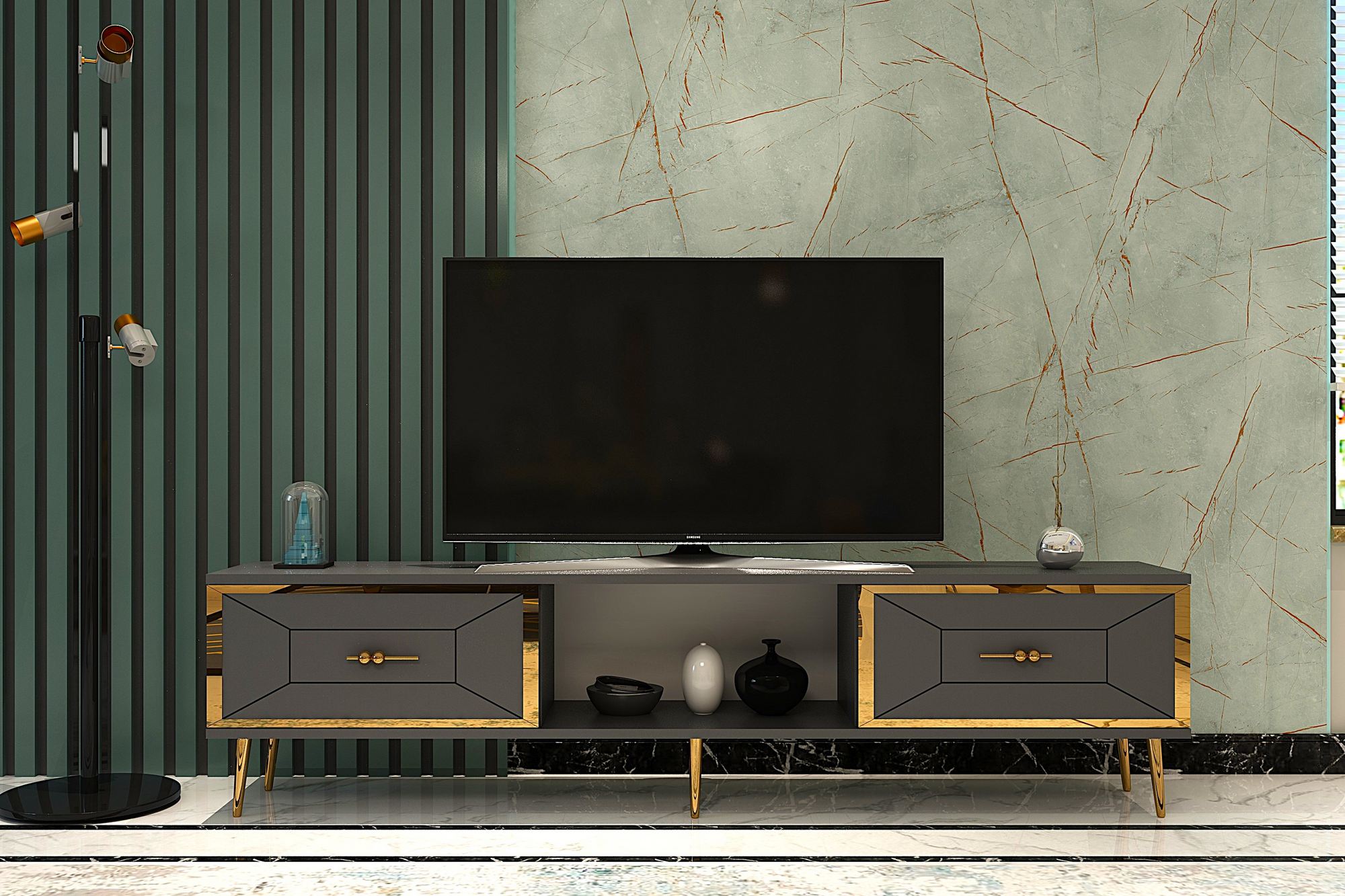 Móvel de TV – 150cm – Antracite e Ouro – MDF