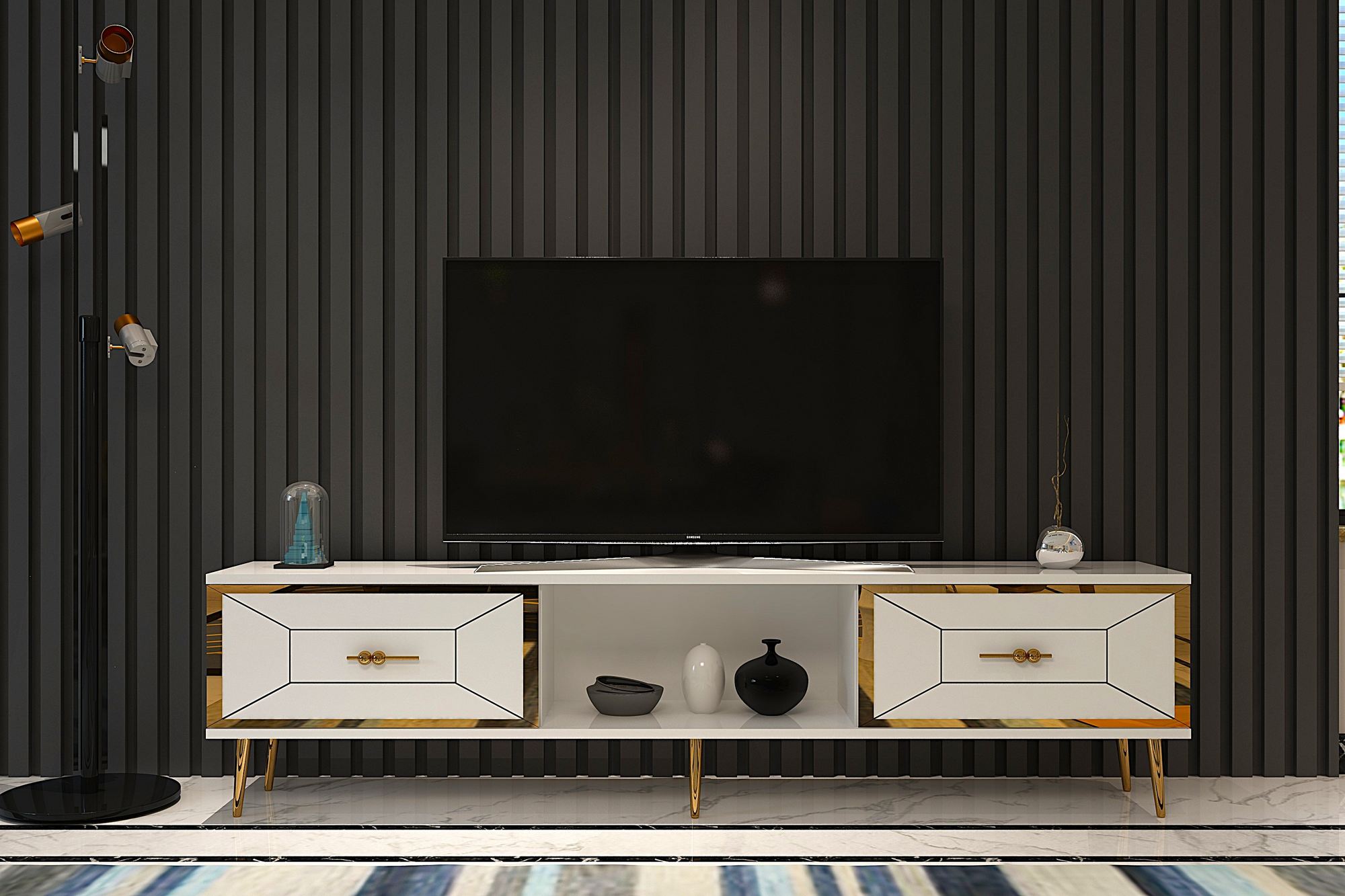 Móvel de TV – 150cm – Branco e Dourado – Aglomerado
