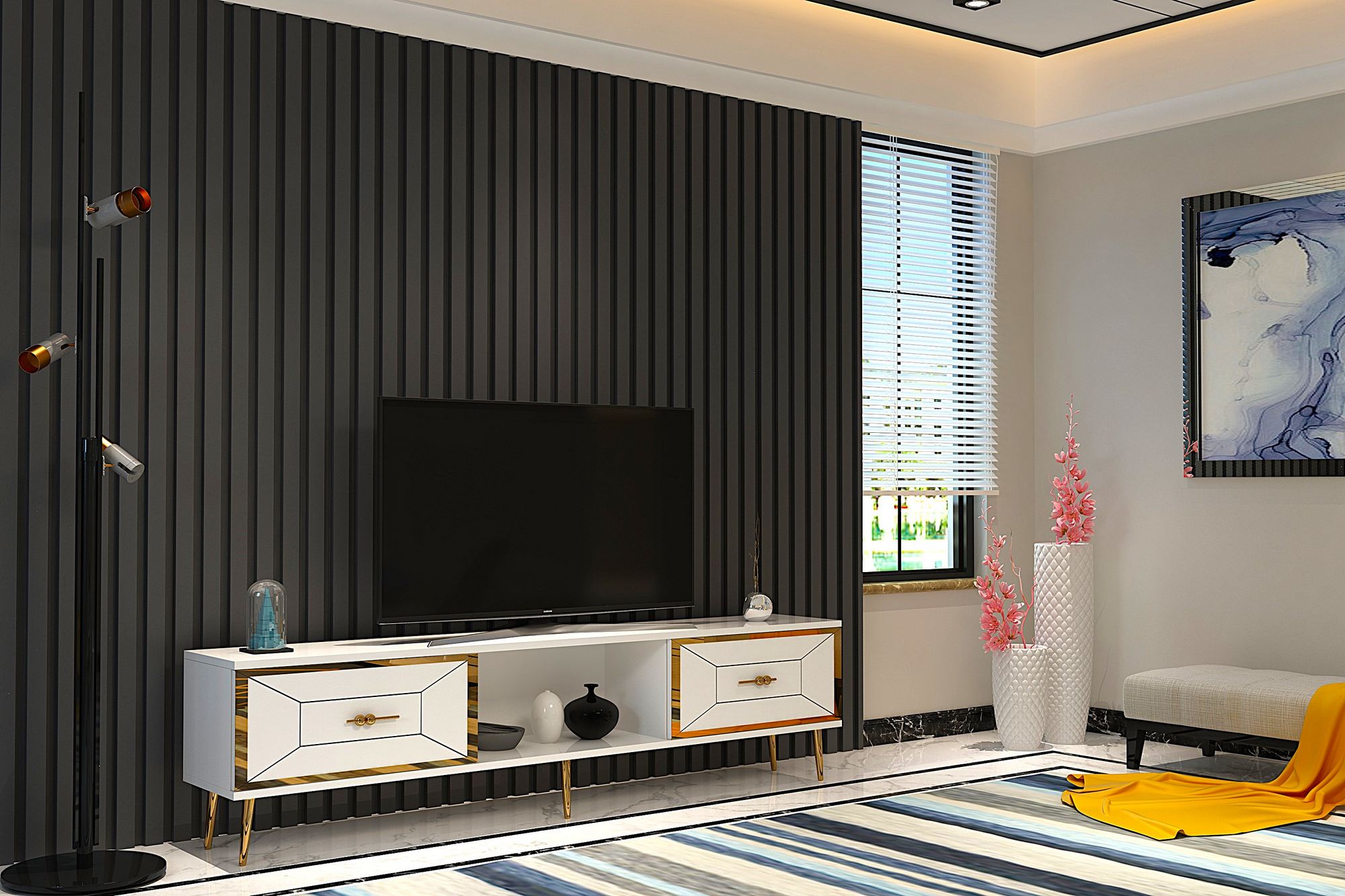 Móvel de TV – 150cm – Branco e Dourado – Aglomerado