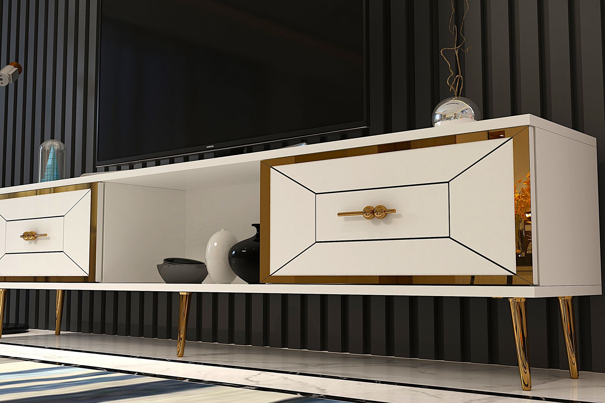 Móvel de TV – 150cm – Branco e Dourado – Aglomerado