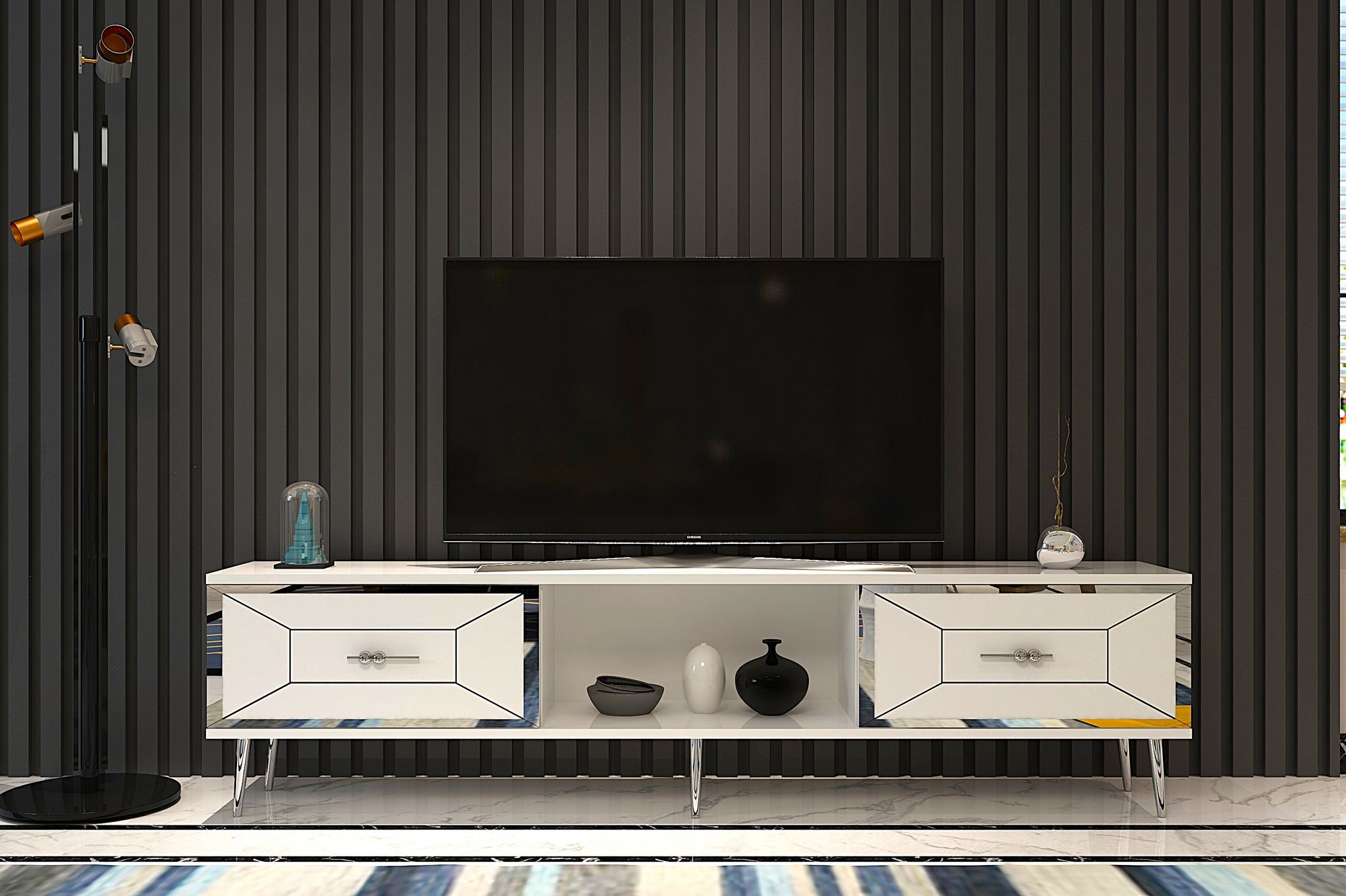 Móvel de TV – 150cm – Branco e Prata – Painel de partículas revestido de melamina