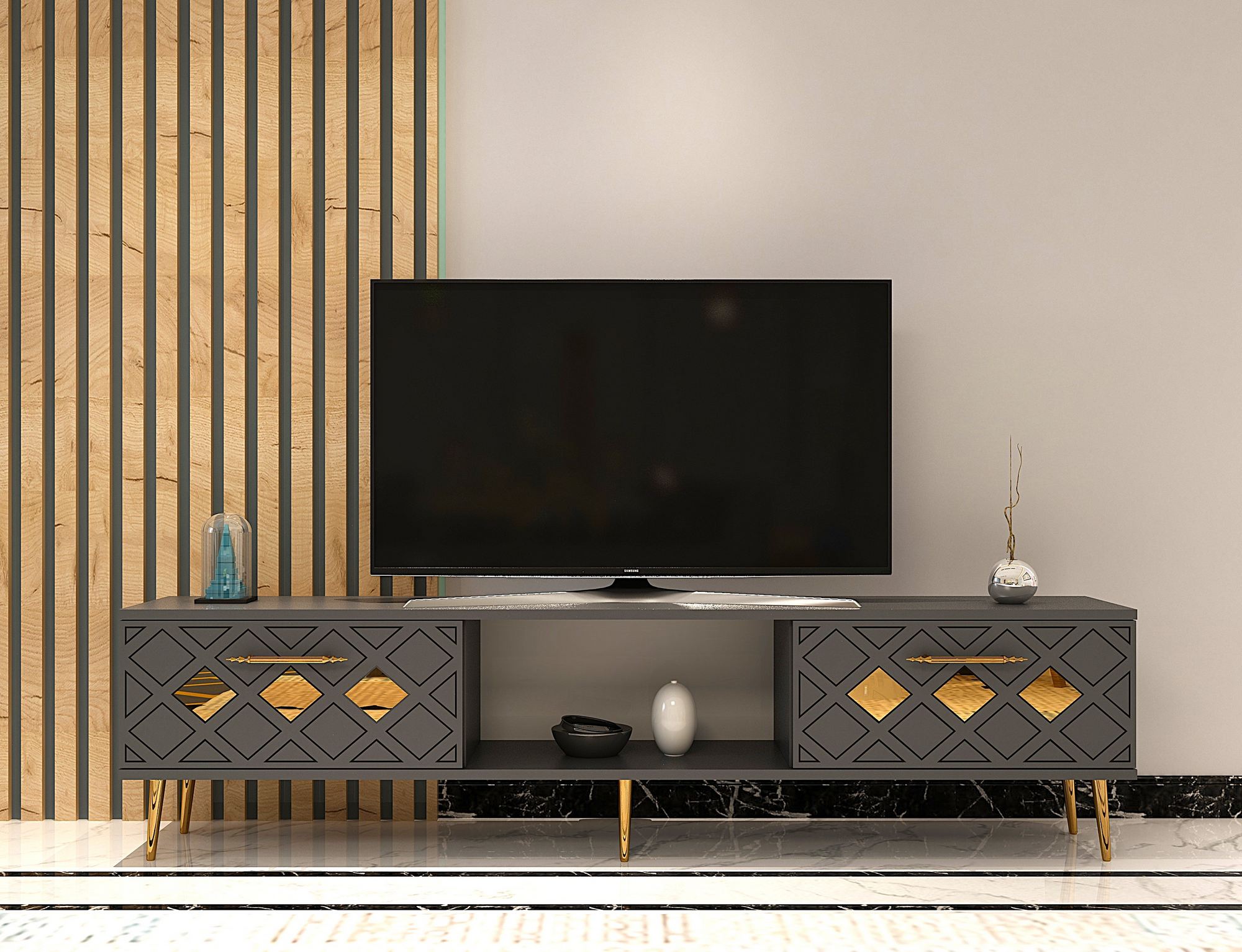 Móvel de TV – 150cm – Antracite e Ouro – MDF