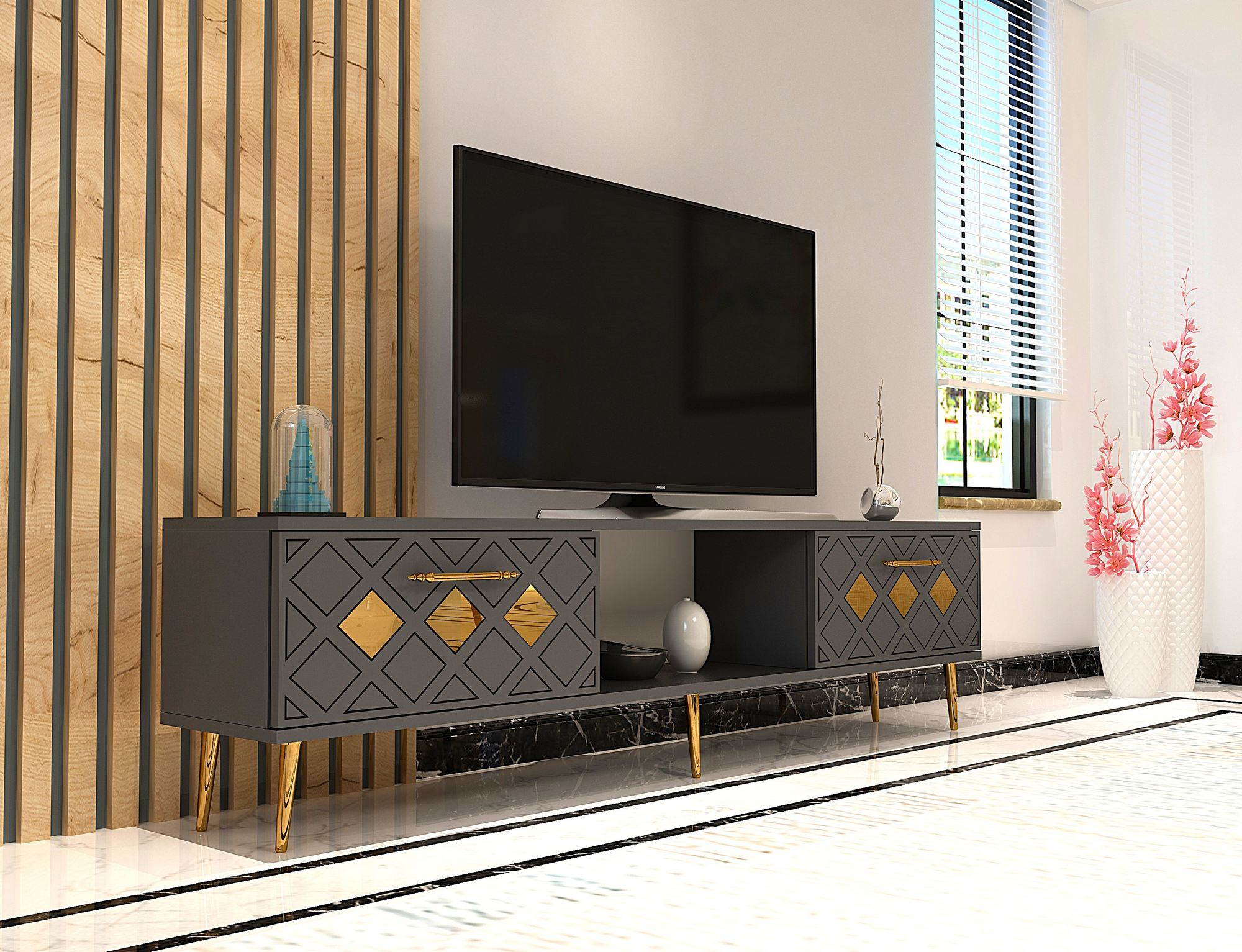 Móvel de TV – 150cm – Antracite e Ouro – MDF